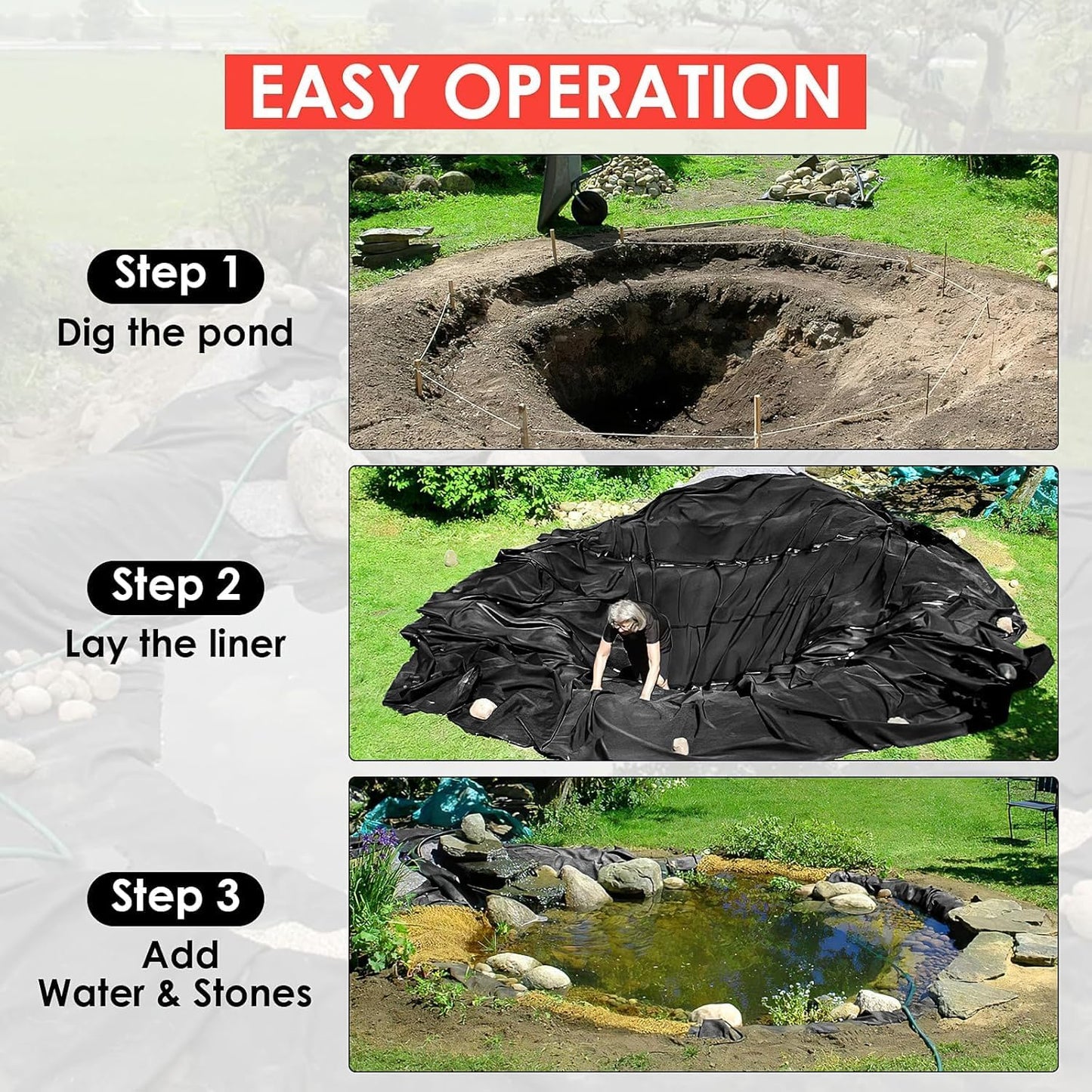 GAOMON 10 x15 Ft Pond Liner, 45 Mil Thickness, Pliable & Durable Epdm Material, Easy Cutting & Uv Resistant, for Fish or Koi, Features, Waterfall Base, Fountains and Water Garden