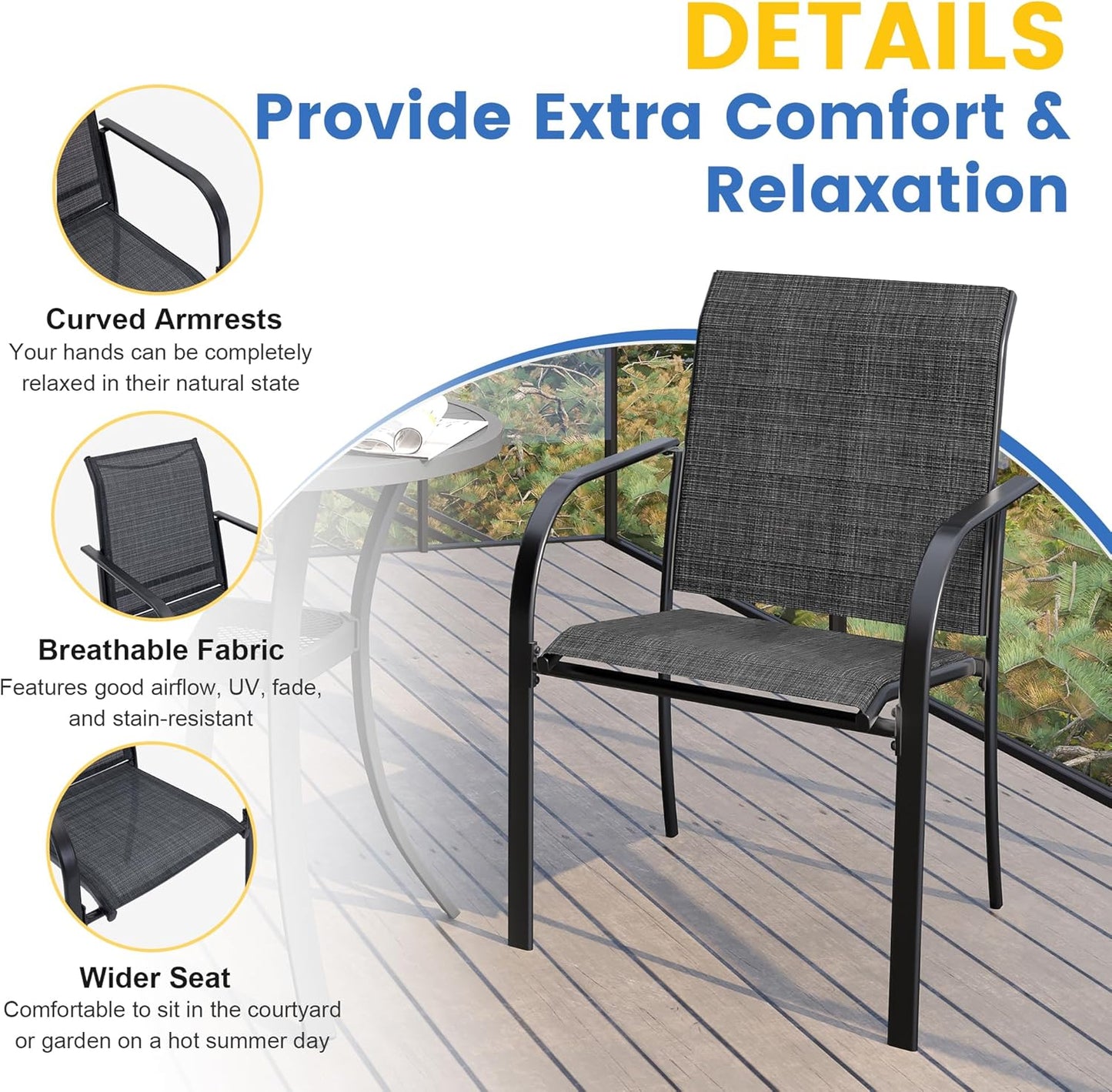 VICLLAX 5 Pieces Patio Dining Set, Outdoor Furniture Set Includes 41.2" Round Patio Table and 4 Patio Sling Chairs, Grey Wood-Like Tabletop and Dark Grey Fabric