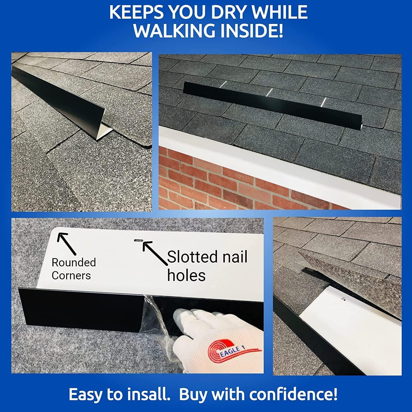 EAGLE 1- Shingle Roof Rain Diverter 40 Inches Long- 26 Gauge Material- Easy to Install- Includes Stainless Steel Nails (1, Black)