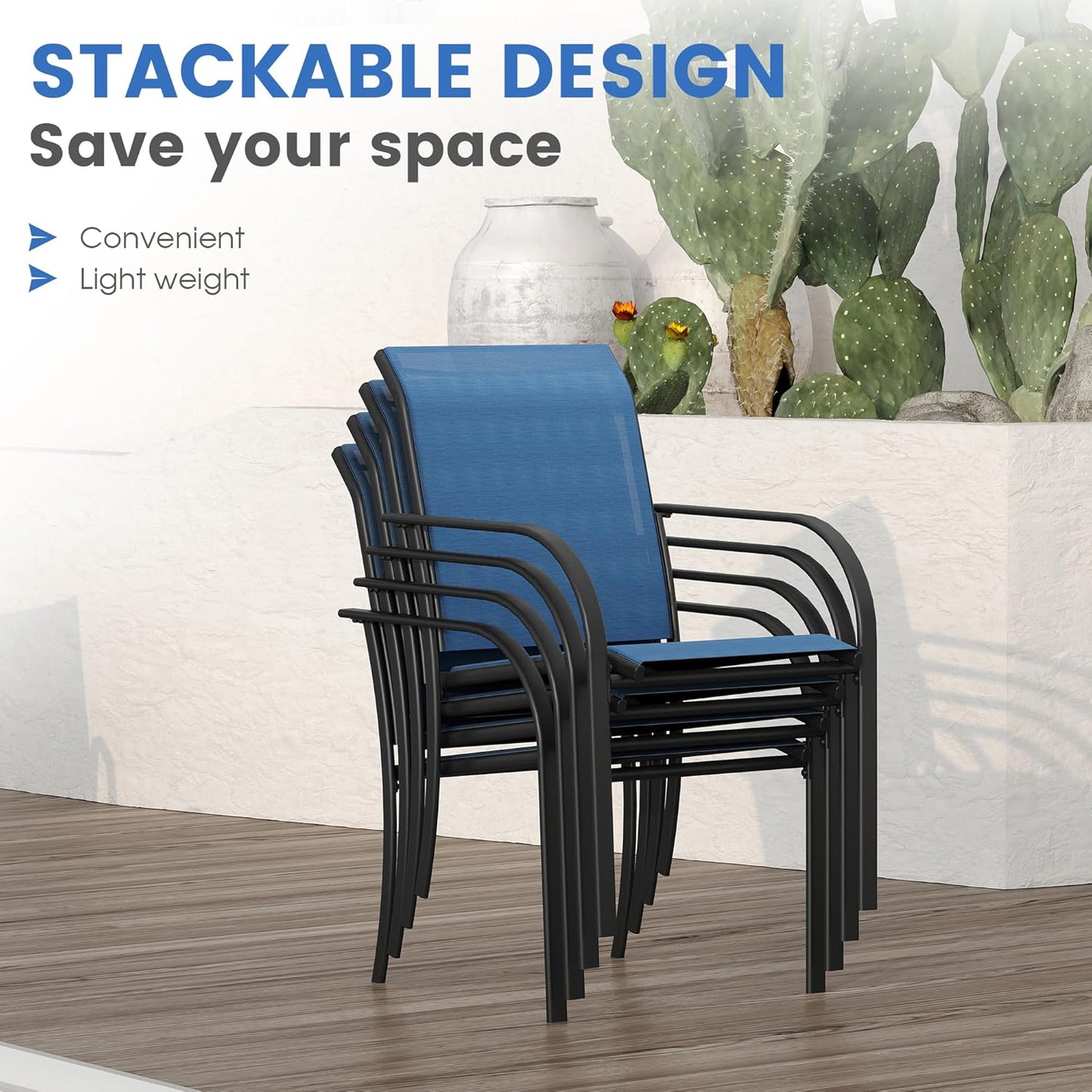 VICLLAX 7 Pieces Patio Dining Set, Outdoor Furniture Set Includes 47.2" Round Patio Table and 6 Patio Sling Chairs, Black Tabletop and Blue Fabric
