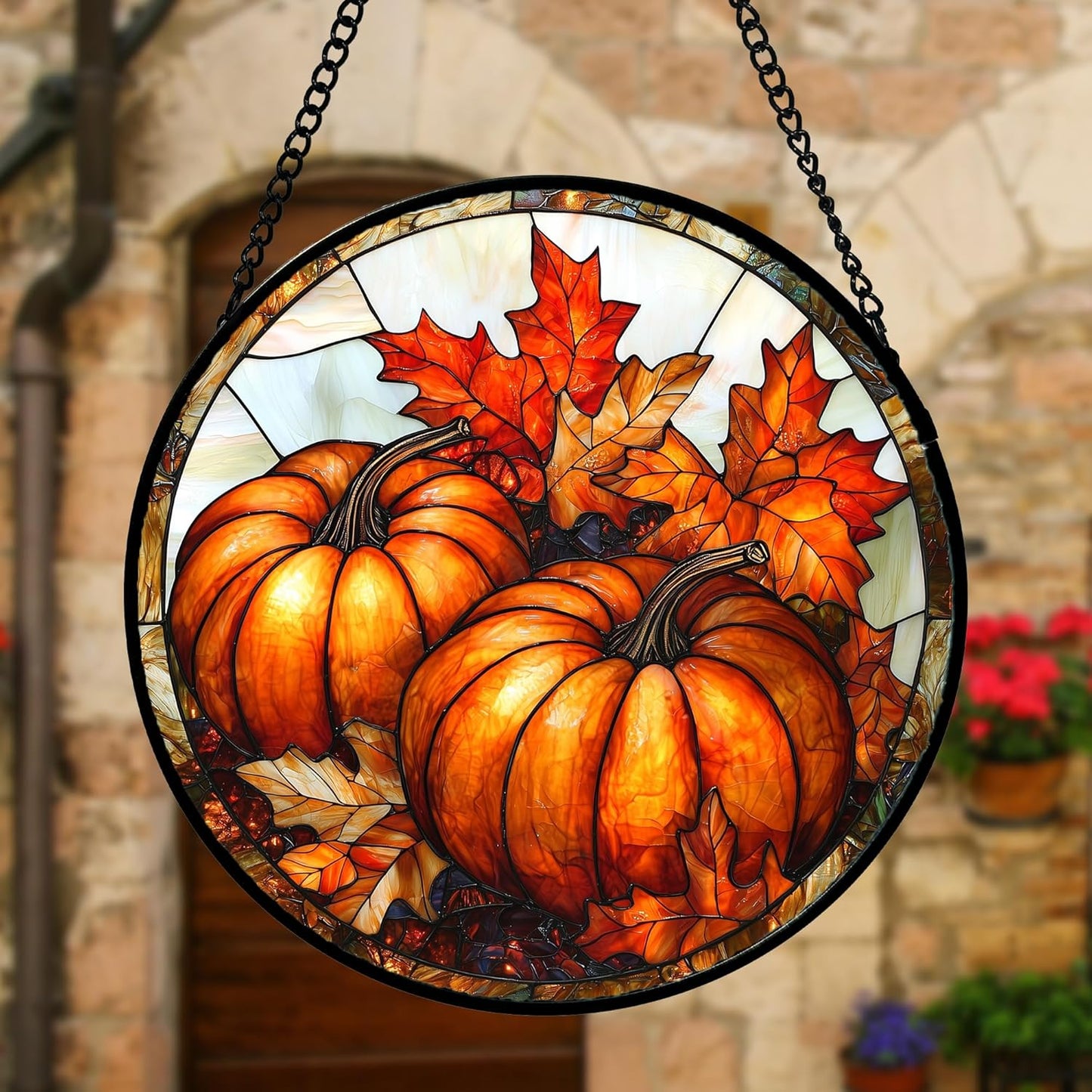 Stained Glass Window Hanging, Pumpkin Maple Leaf Suncatcher for Doors Home Sun Catchers Decoration and Christmas, Mother's Day Birthday Gifts for Women, Men, and Mom 9.8 in