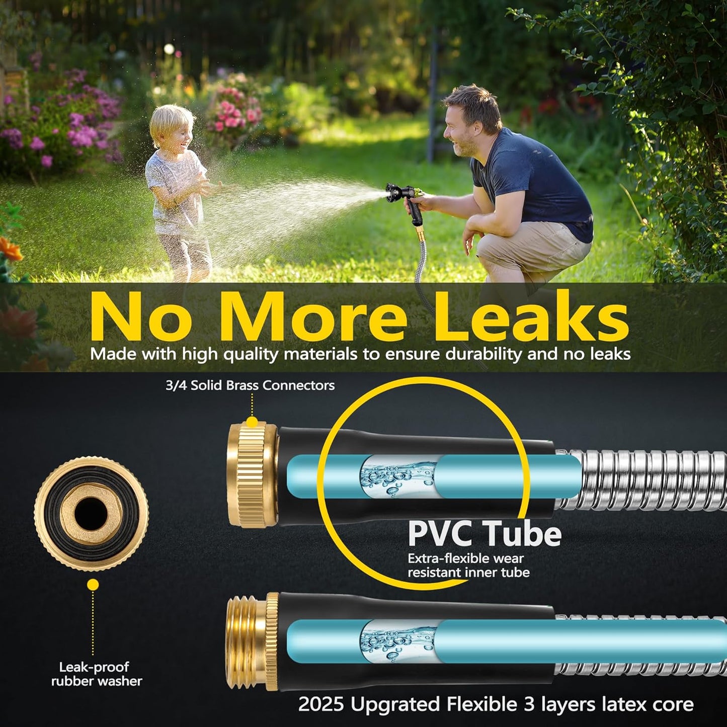 200 ft Stainless Steel Garden Hose - 2025 Upgraded Metal Water hose - Flexible Water Hose Pipes with Latex Core, 3/4" Solid Brass Connector - No-Expandable Garden Hoses