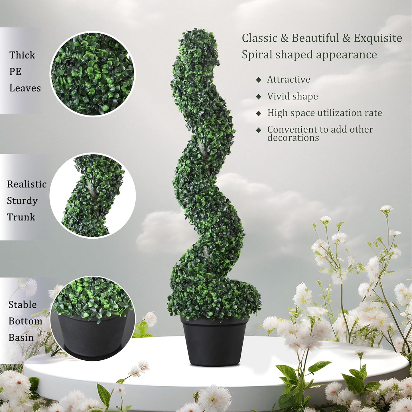 39 inchBoxwood Artificial Cedar Spiral Topiary Trees – Decorative Fake Greenery in Planter Pots for Front Porch, Outdoor Walkway, Entryway Decorating, Set of 2