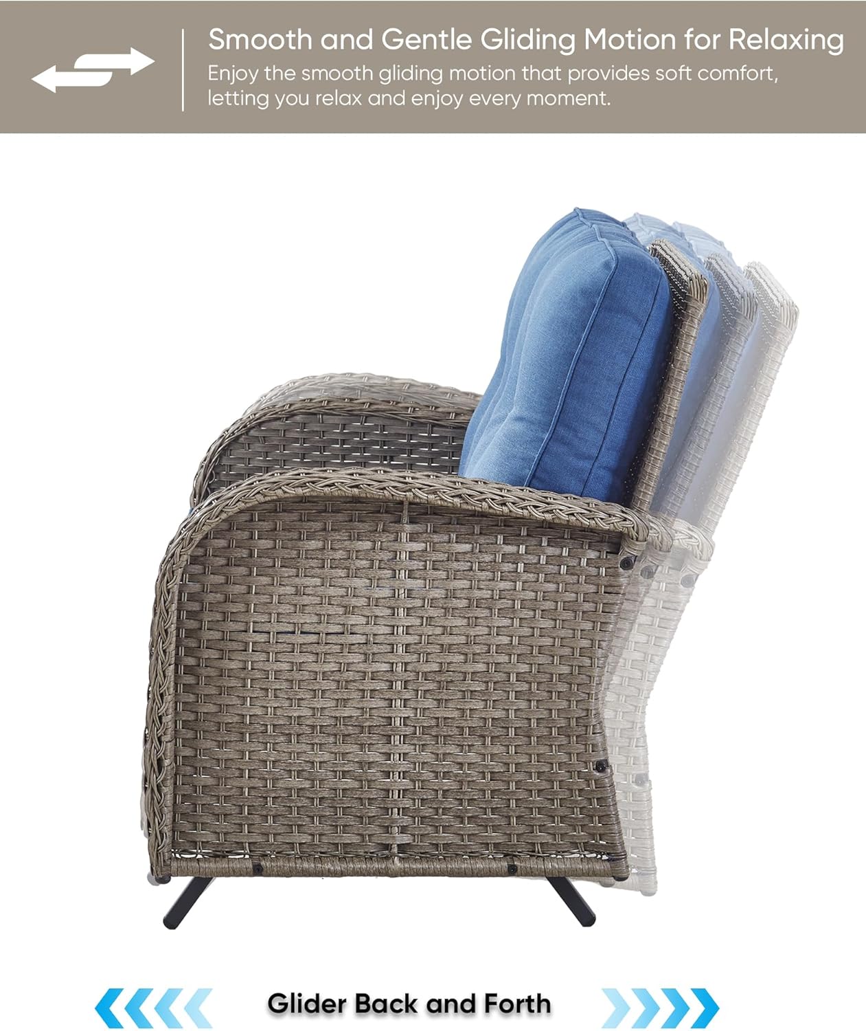HUMMUH 7 Pieces Wicker Patio Conversation Set Outdoor Glider Loveseat with Patio Swivel Rocking Chairs Outdoor Patio Set for Deck Lawn Porch Balcony Poolside-Grey/Blue