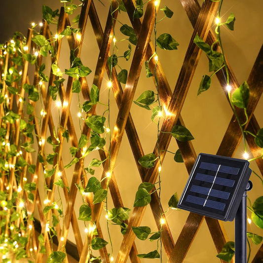 suddus Solar Fairy Lights, 33ft 100 Led Pothos Leaf Solar String Lights Outdoor Waterproof, 8 Modes Vines with Lights for Balcony, Deck, Patio, Garden, Fence,Wedding (Warm White)