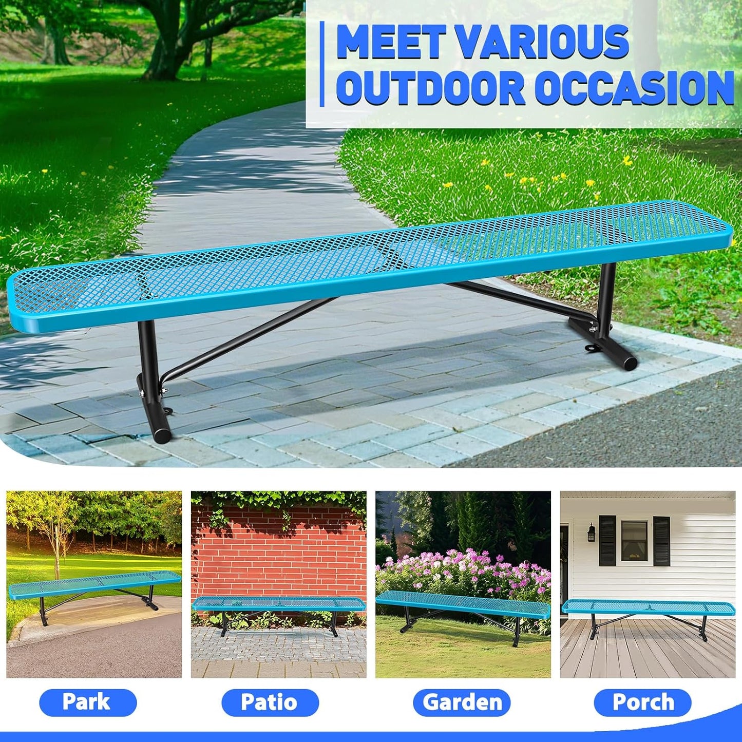 Heavy-Duty Park Bench or Table for Outside - Black Coated Outdoor Furniture Steel Bench, Commercial-Grade Outdoor Benches Weatherproof for Park, Patio, Porch (Blue, 8FT (Without Backrest))