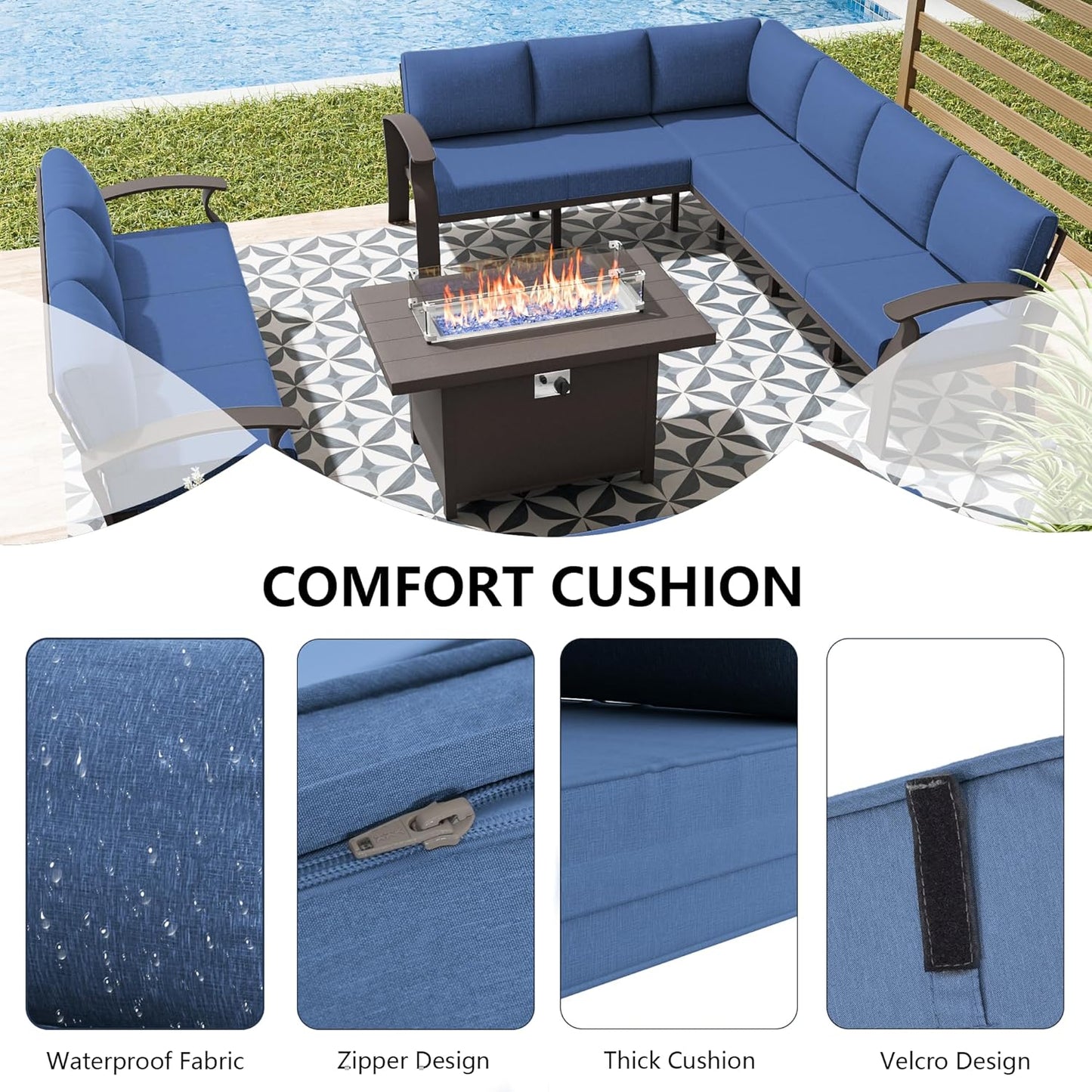 Aluminum Patio Furniture Set with Fire Pit Table, 10 Seats Outdoor Patio Conversation Set with Swivel Chair Modern Metal Patio Sectional Sofa with Coffee Table for Patio, Backyard(Navy Blue).