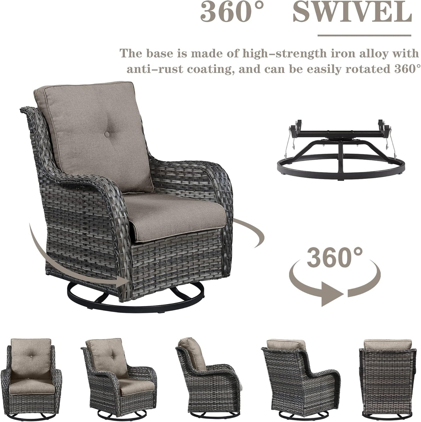 Outdoor Patio Furniture Set with 50000BTU Propane Fire Pit Table, 4 Pieces Wicker Patio Conversation Set with 2 Swivel Rocker Glider Chairs Rattan Sofa Blue Cushion Perfect for Casual Gathering