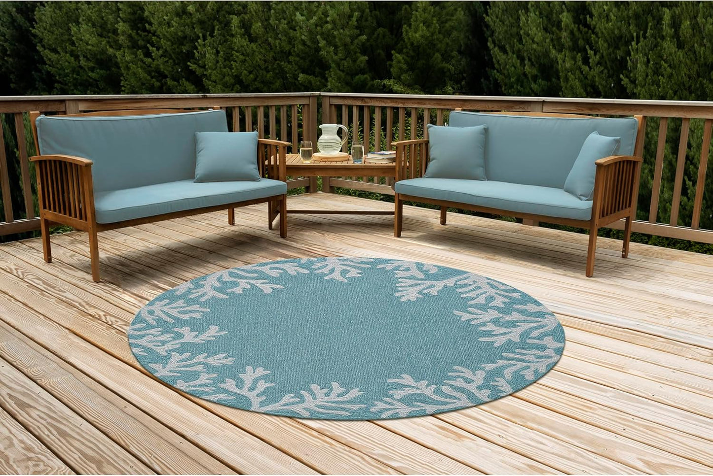 Liora Manne CAPRI Indoor/Outdoor Handmade Synthetic Blend Durable Area Rug - Traditional Border Coastal Beach Accent (Coral Border Aqua) (5' Round)