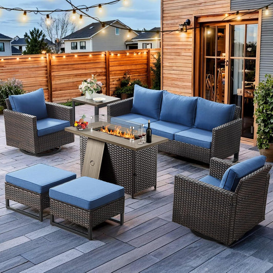 HUMMUH 7 Piece Patio Furniture Set with Fire Pit Table 41in 55,000 BTU,Wicker Outdoor Conversation Sets - Outdoor Swivel Rocker Chairs Patio Sofa for Porch,Garden,Backyard