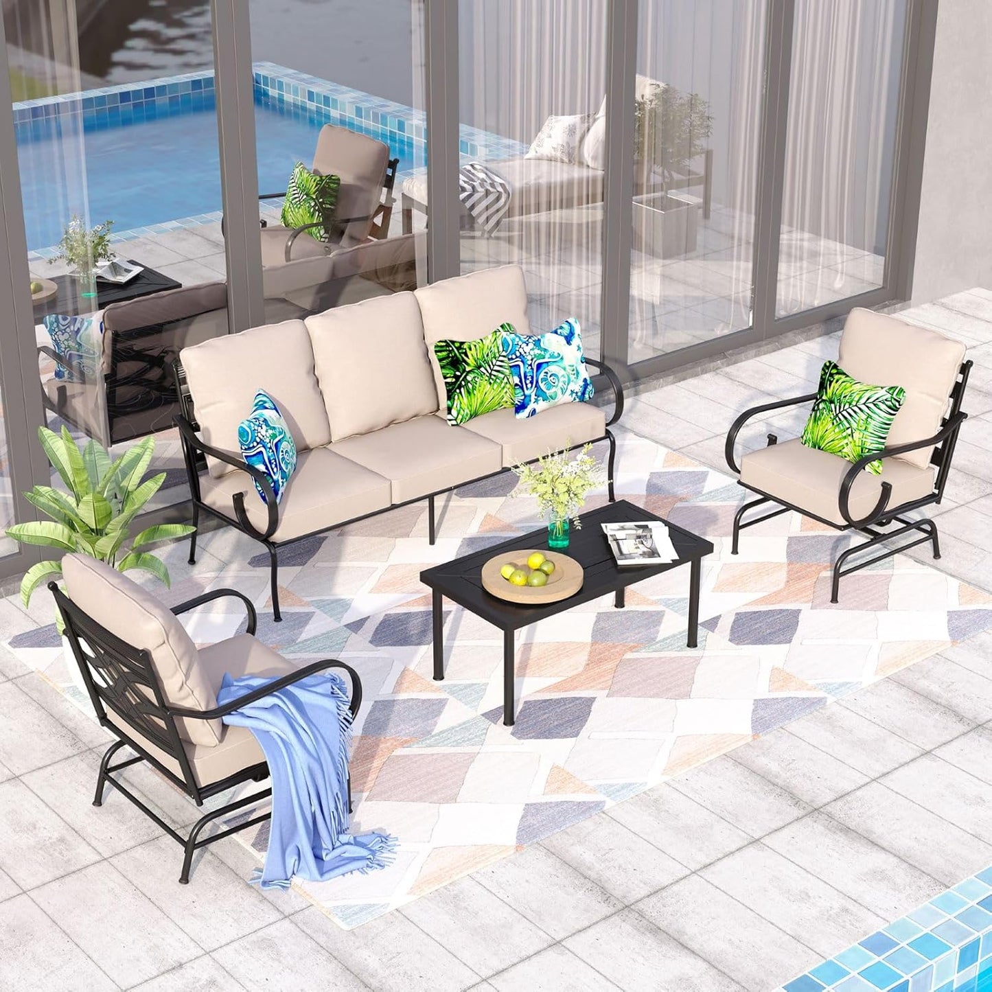 Sophia & William 4 Piece Patio Furniture Set, Outdoor Conversation Sets 5 Seat Clearance with 3-seat Sofa x 1, Rocking Chair x 2, Metal Coffee Table x 1 for Front Porch Lawn, Beige
