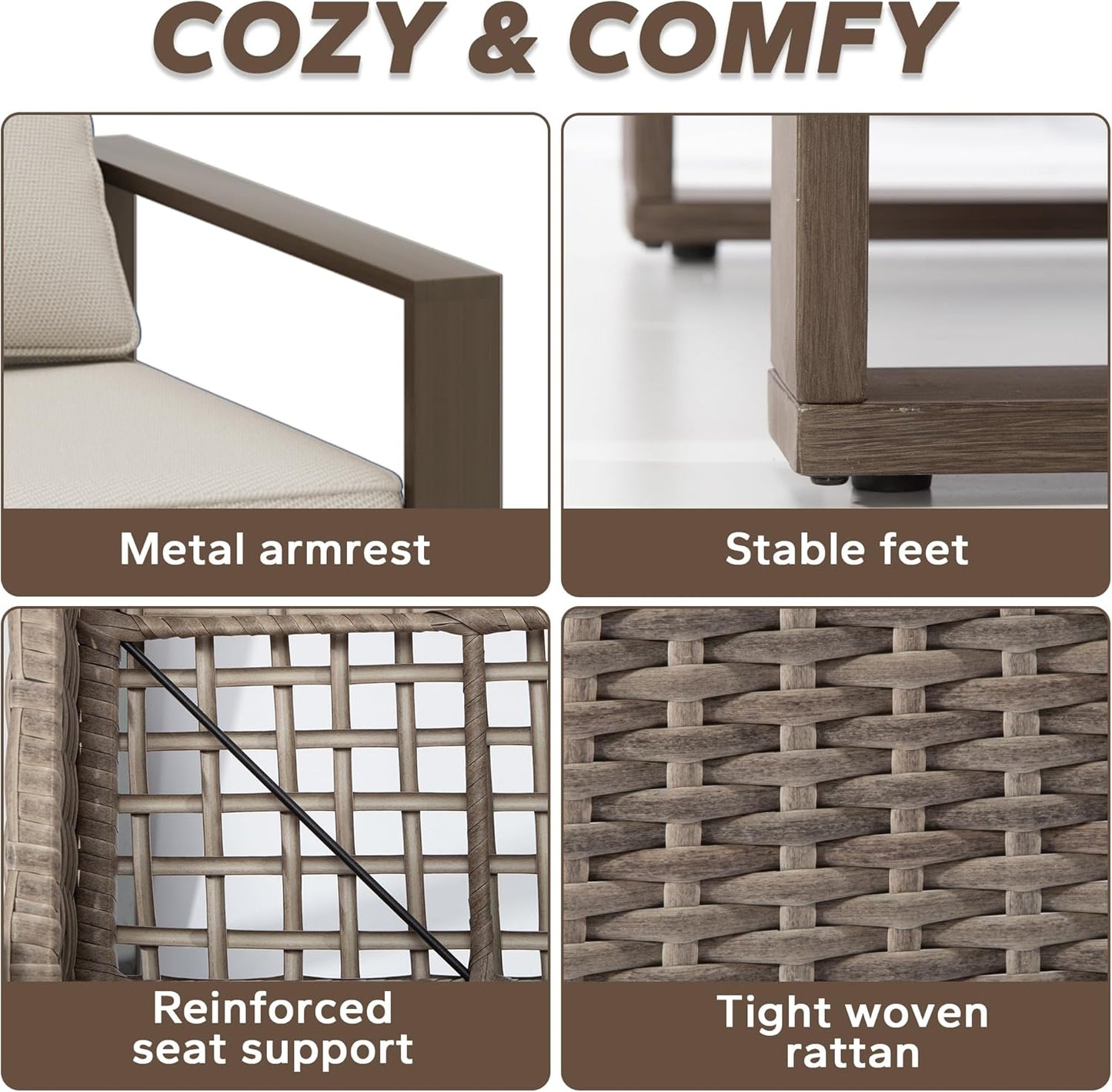 Wicker Patio 75" Sofa Set with Two Ottomans, All Weather Rattan Outdoor Conversation Furniture Set with Wood-Looking Metal Armrest for Deck Backyard Porch, Beige