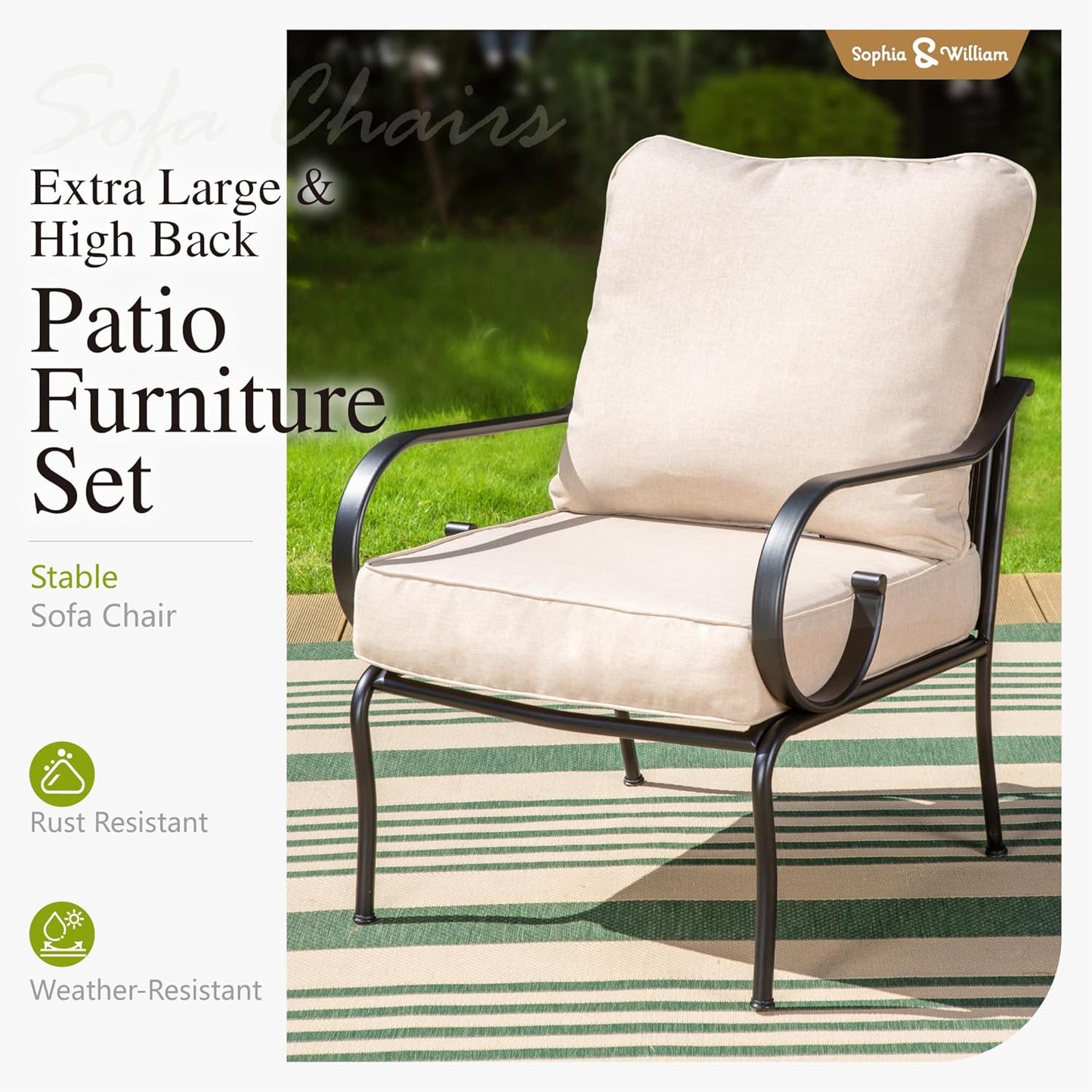 Sophia & William Patio Furniture Set Outdoor Couch Sofa, 6 Piece Outdoor Conversation Sets 7 Seat Clearance with 3-seat Sofa x 1, Rocking Chair x 2, Cushioned Chair x 2, Metal Coffee Table x 1, Beige