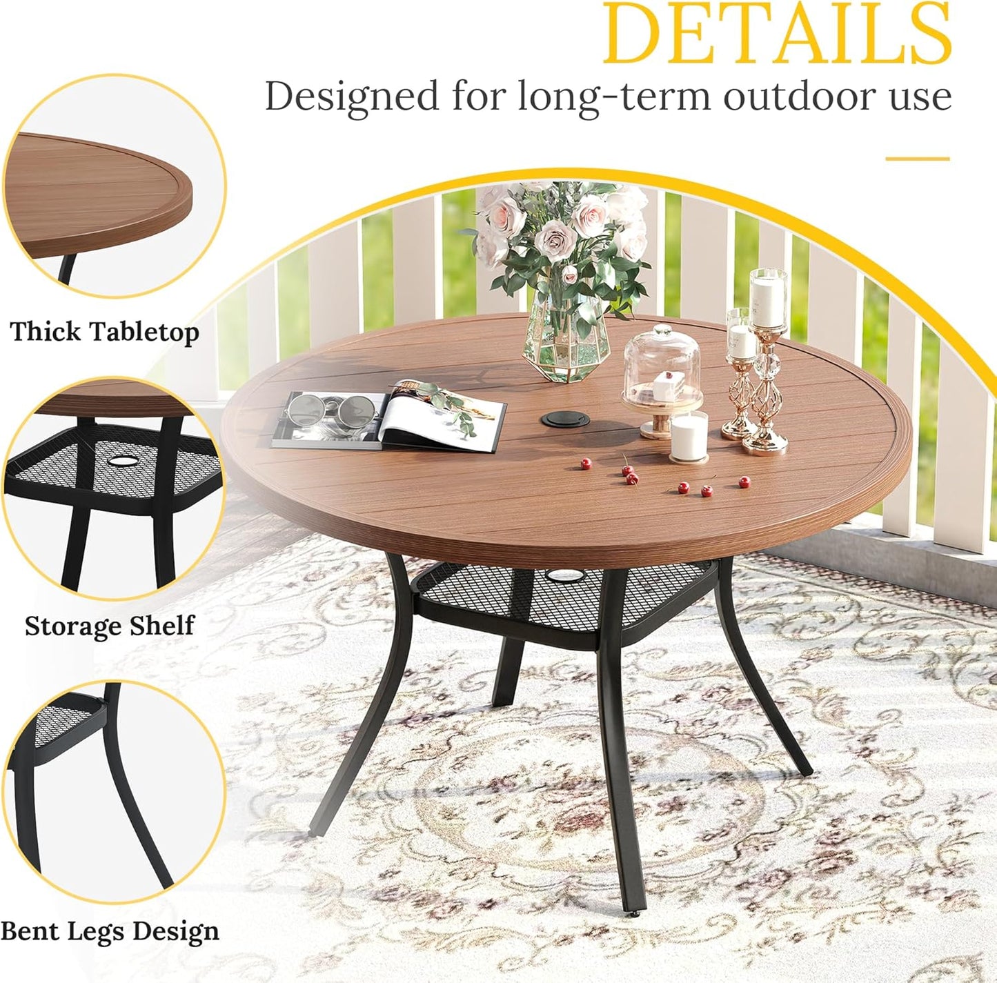 VICLLAX 47.2" Outdoor Round Patio Table for Lawn Garden, All Weather Metal Round Outdoor Dining Table with Adjustable Umbrella Hole, 6 Person Patio Table, Walnut Wood-Like Tabletop