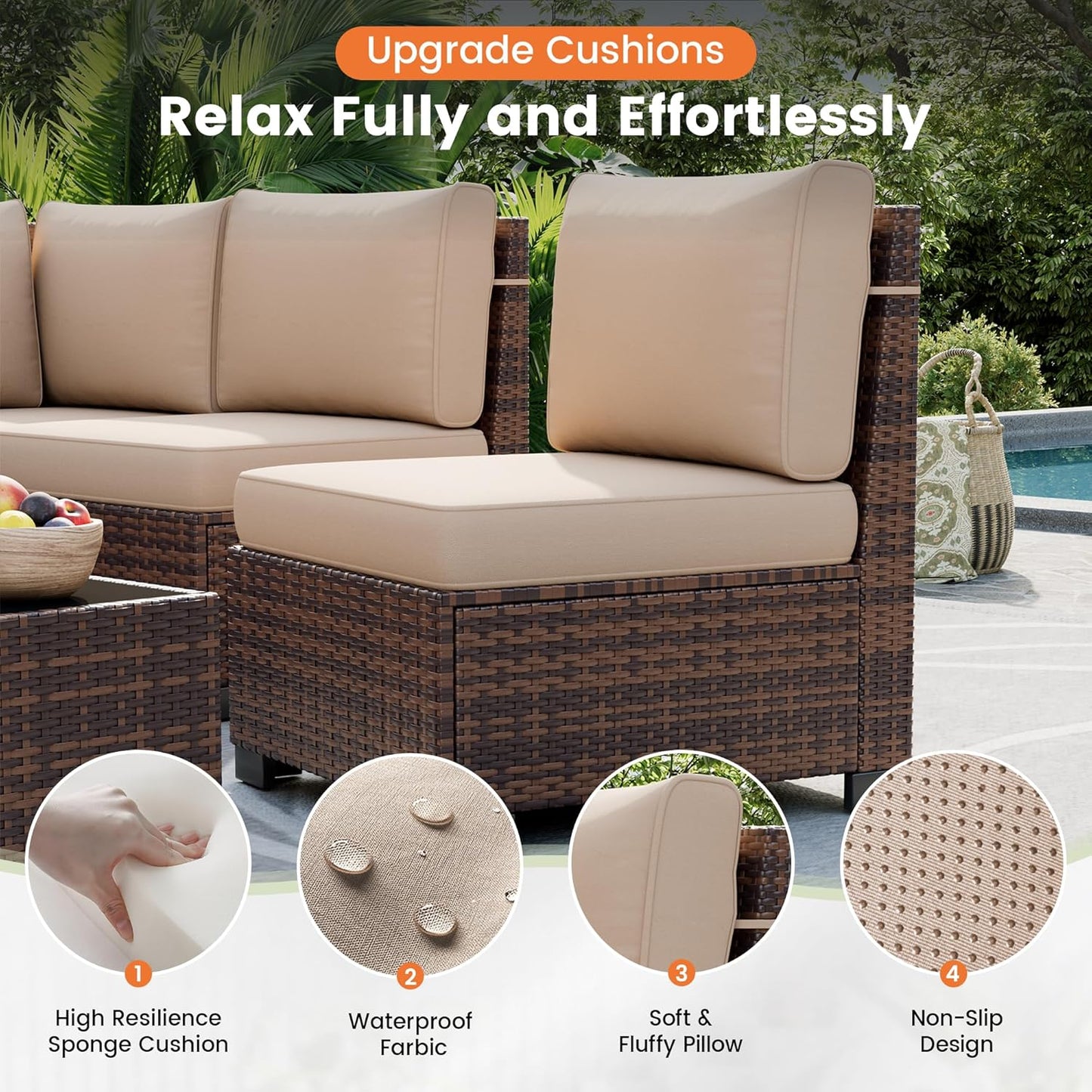 UDPATIO Patio Furniture Set with Fire Pit Table, 8 Inch Armrest Outdoor Sectional Sofa, 9 Piece Wicker Outdoor Furniture Conversation Sets with Waterproof Cover for Backyard Deck(Brown/Khaki)