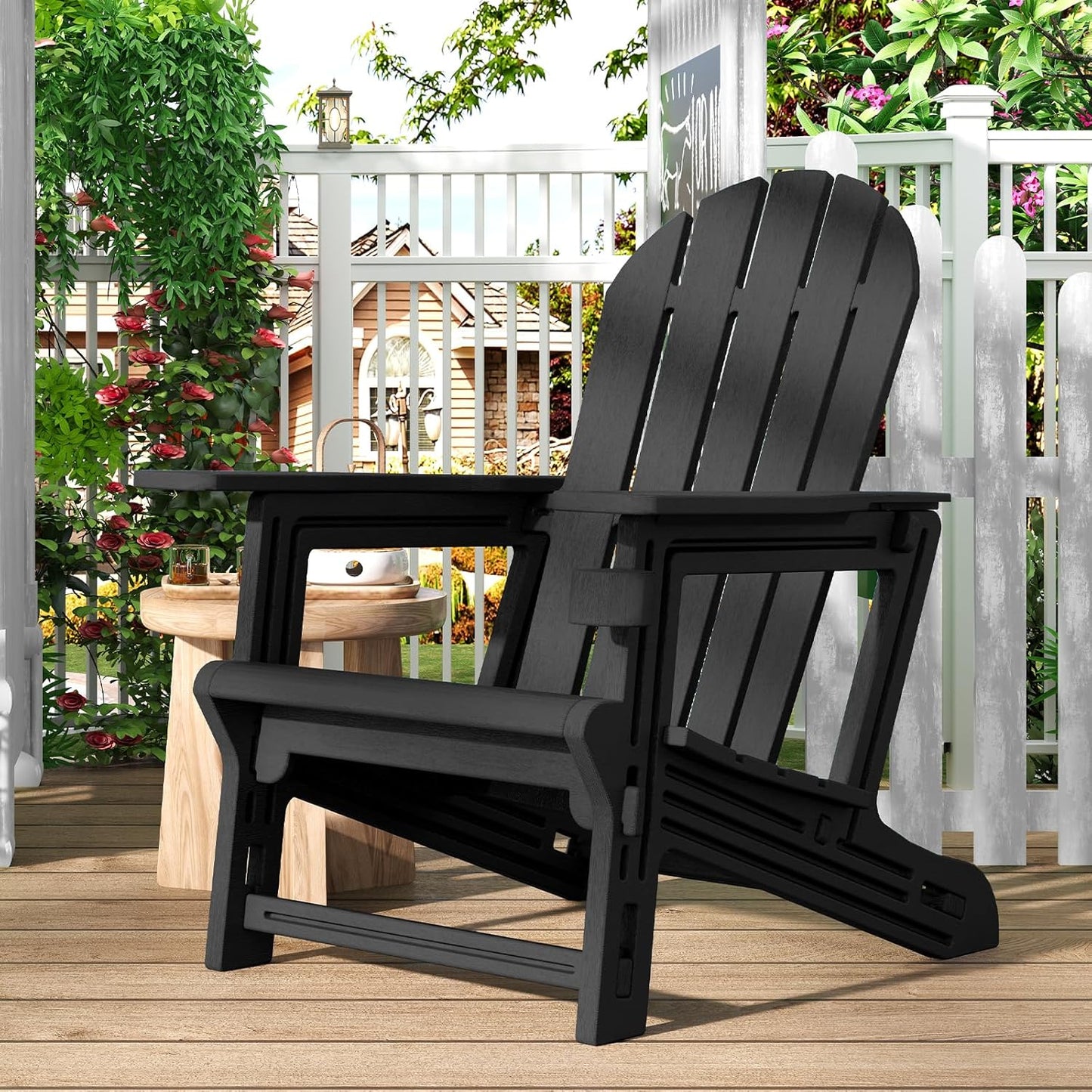 Adirondack Chairs Set of 2, Tool-Free Assembly All-Weather Plastic Adirondack Chairs, HDPE Fire Pit Chairs with Cup Holder, Outdoor Chair for Patio Garden (Black)