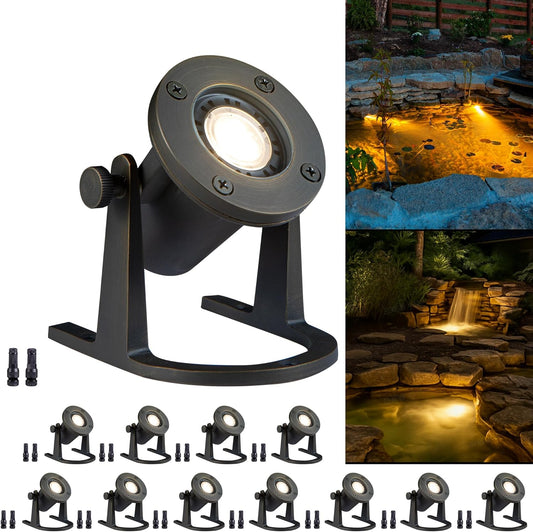 Low Voltage Brass Pond Lights Submersible - 12V IP68 Waterproof Bronze Pondlight, Solid Brass Fixture with Warm White MR16 Bulb for Outdoor Fountains, Waterfall, and Garden Accents(12 Pack)