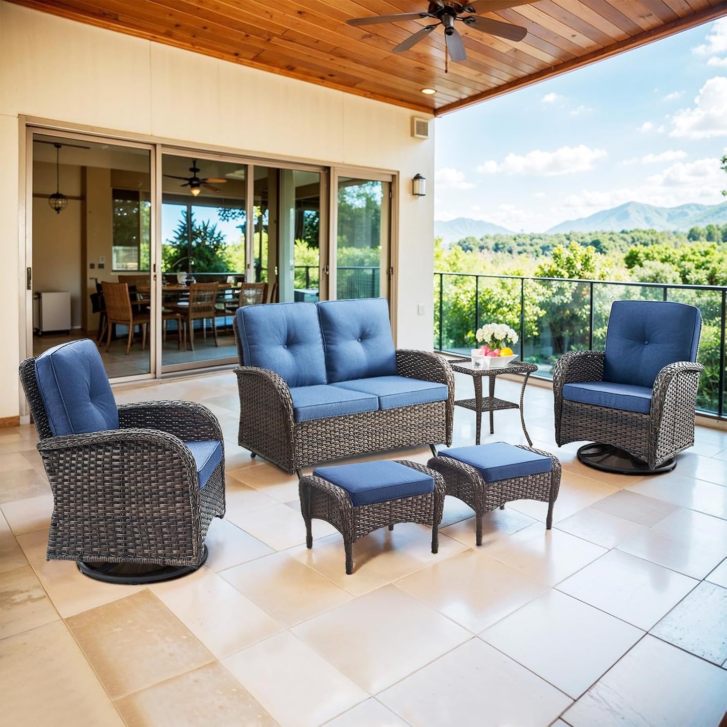 6 Piece Patio Conversation Sets - Wicker Patio Furniture Sets with Outdoor Swivel Rocker Chairs, Glider Loveseat Perfect for Patio Deck Backyard, Brown Wicker Blue Cushion