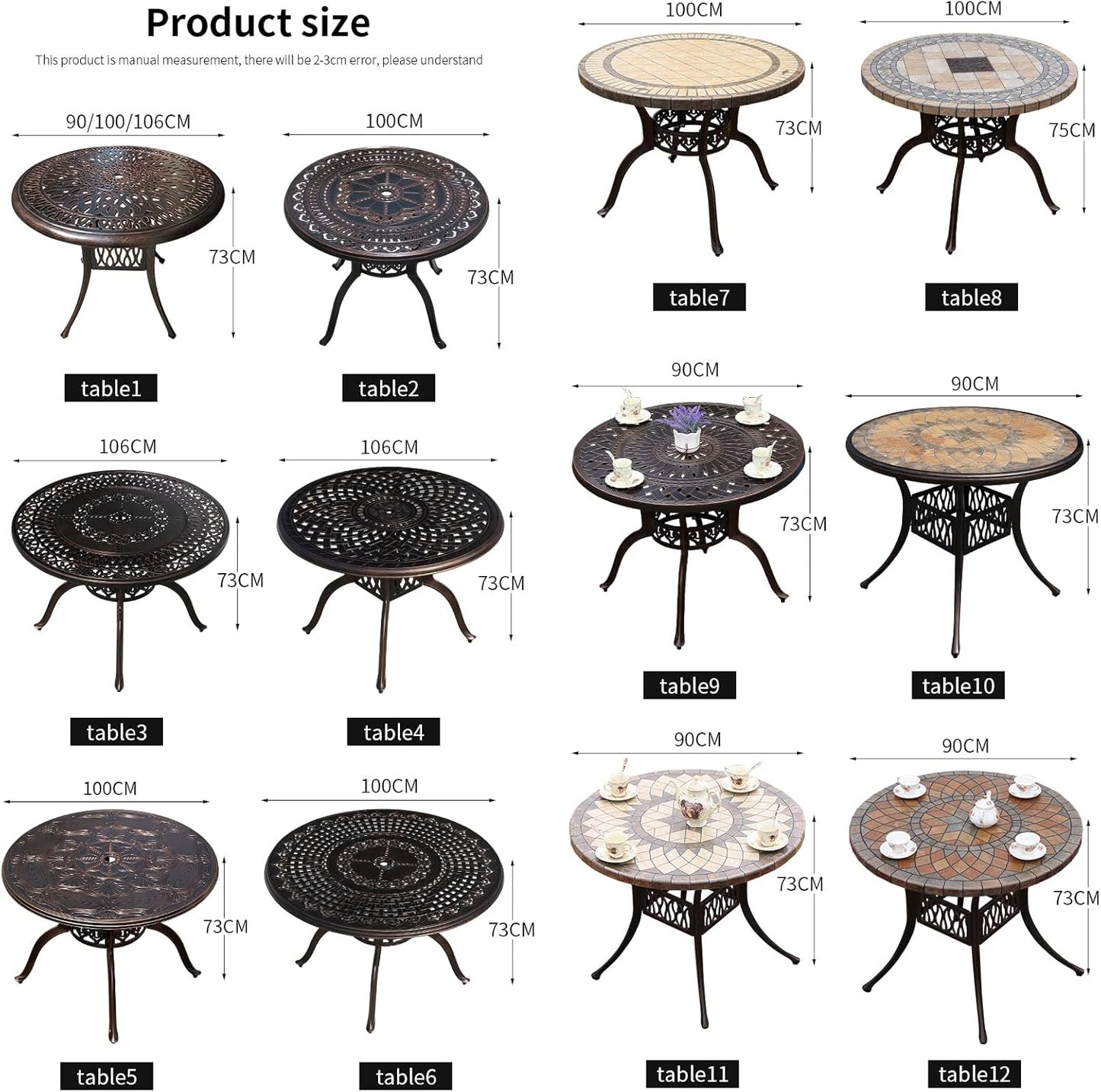 Outdoor Table Cast Aluminum Round Patio Table with Umbrella Hole All Weather Outdoor Dining Table for Lawn Garden Backyard (106cm Die-cast Round Tables)