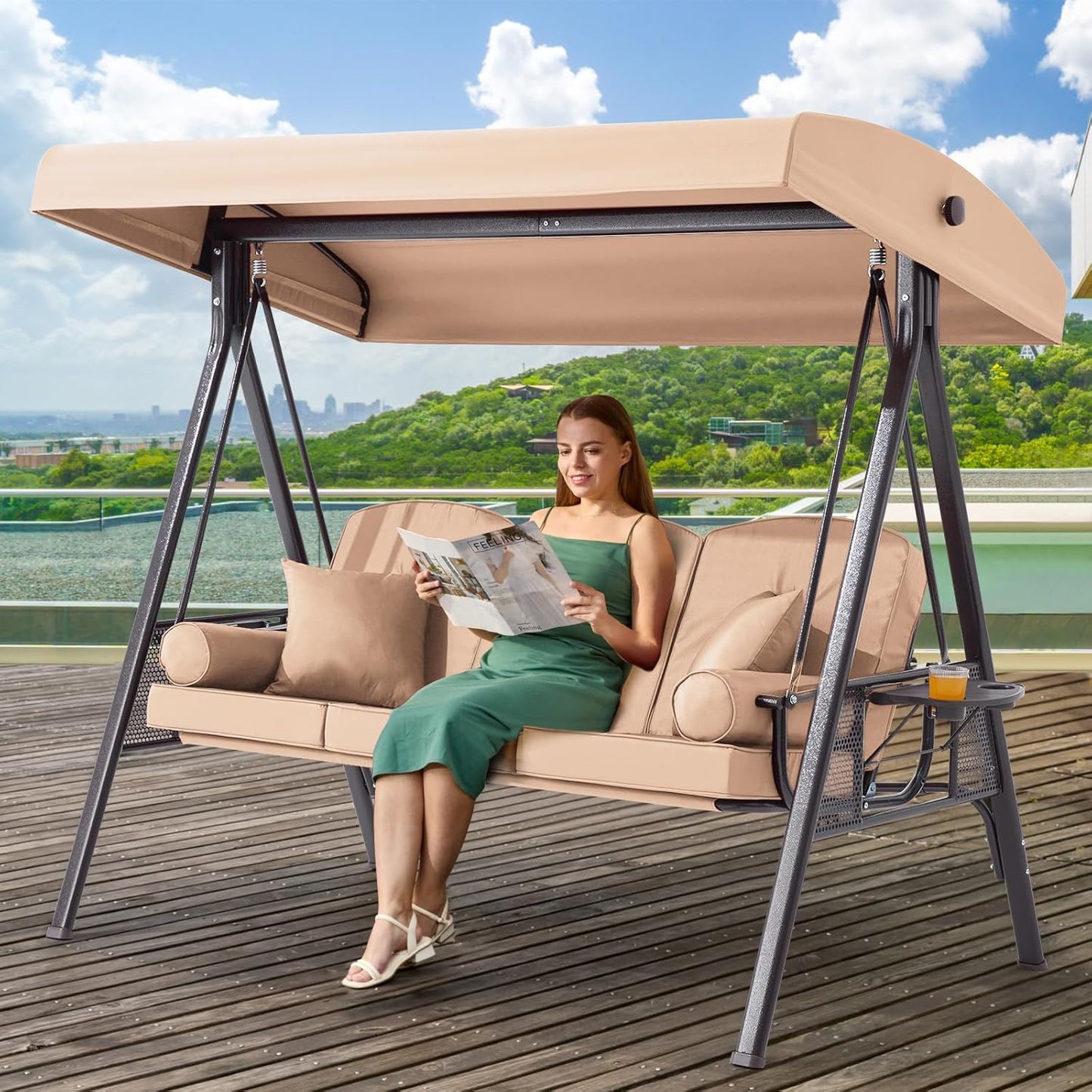 3 in 1 Outdoor Porch Swing with Adjustable Canopy, 3 Seat Outdoor Swing for Adults, Patio Swing Chair with Thickened Cushions,Pillows & Cup Holders for Backyard, Porch, Garden(Khaki)