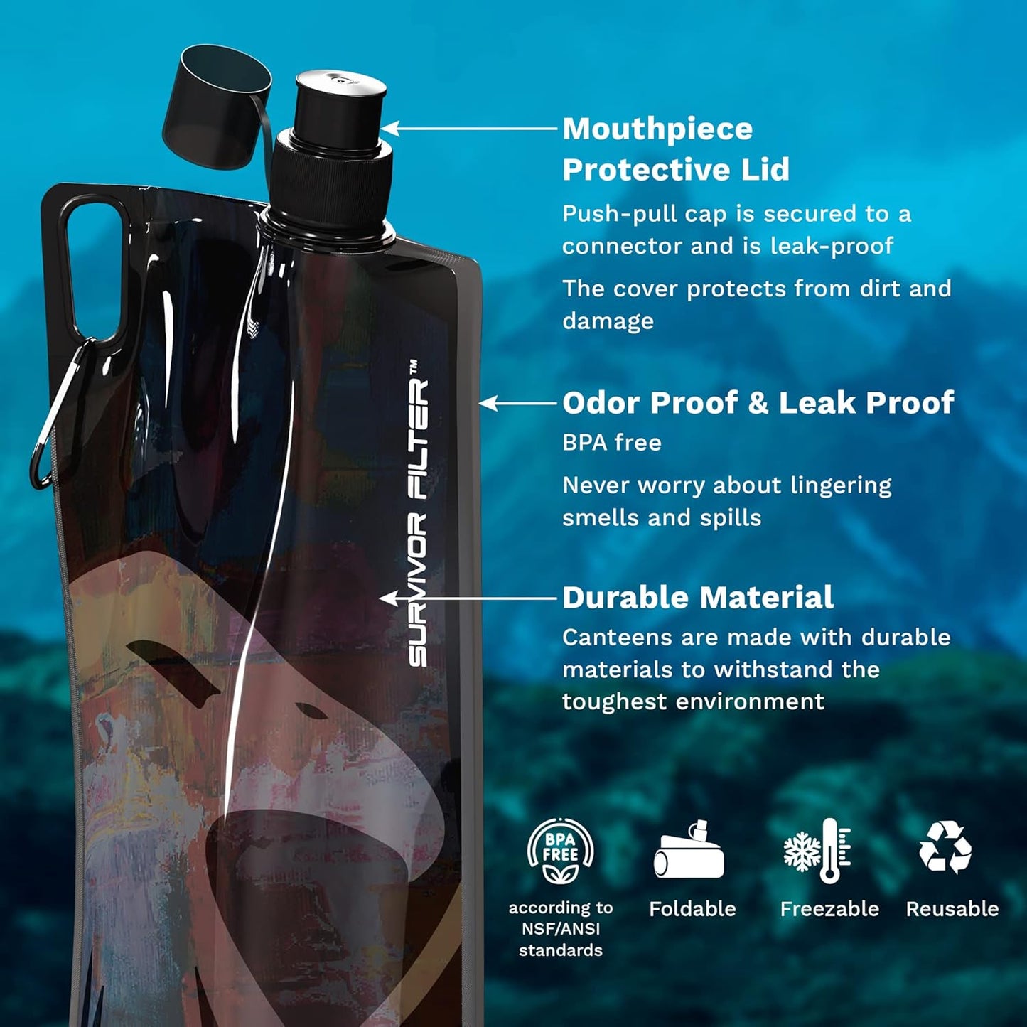 Survivor Filter Collapsible Water Bottles, Canteens (32oz) 2 Pack (2L Total) - Durable Carabiners and Handles. Squeeze Water through a Filter or Use as Water Bottles