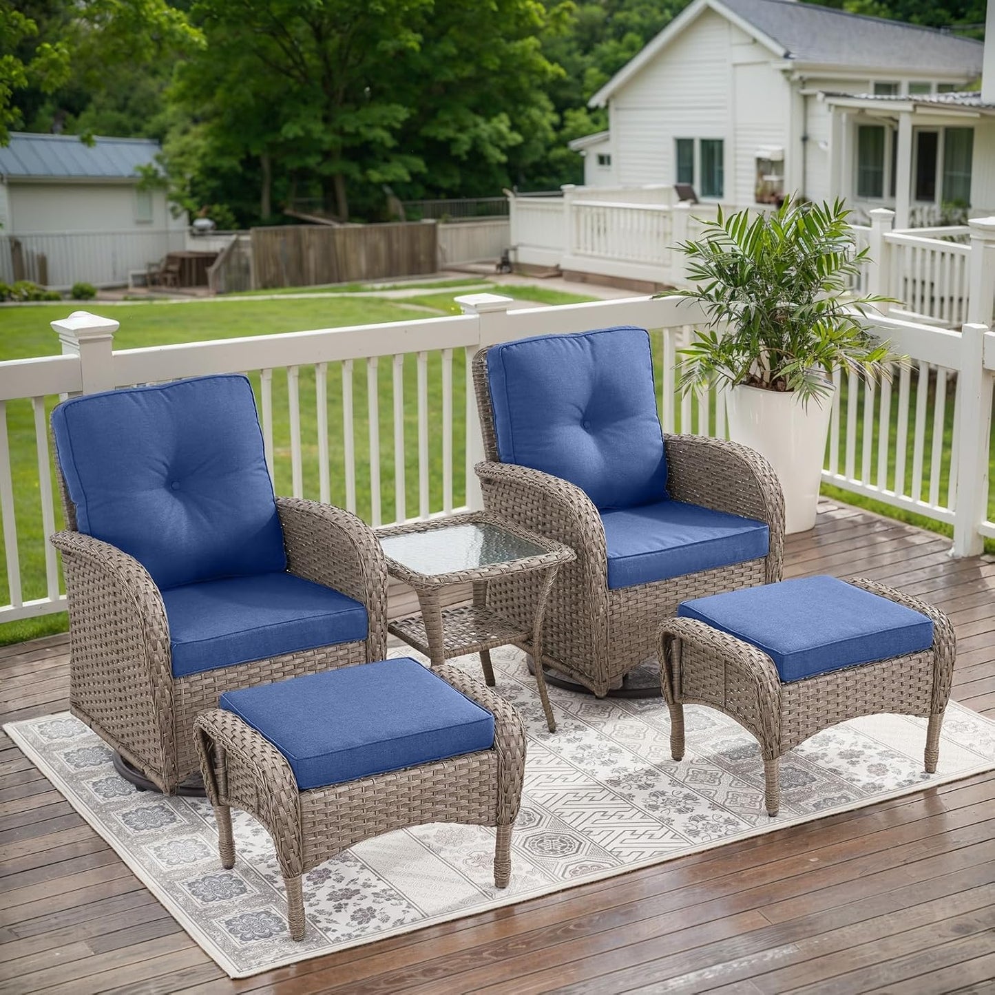 5 Pieces Wicker Patio Furniture Set - Swivel Rocker Outdoor Chairs with Ottomans and Side Table, Small Patio Conversation Set for Porch Deck Backyard