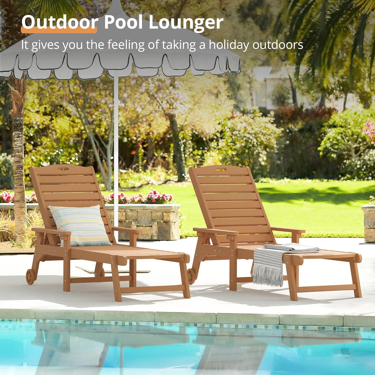 LUE BONA Chaise Lounge Chairs Set with Table, 3-Piece, HDPS Chaise Lounger, 5 Positions Adjustable Lounge Chairs, Pool Lounge Chair with Wheels for Poolside, 3 Year Warranty, Teak Color