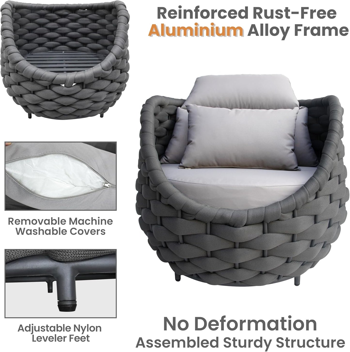 4-Piece Woven Rope Outdoor Seating Set: Alumunim Frame, No Assembly, All-Weather Accent Patio Furniture - Modern Garden Lounge Conversation Set for Backyard Deck Porch Poolside Hotel