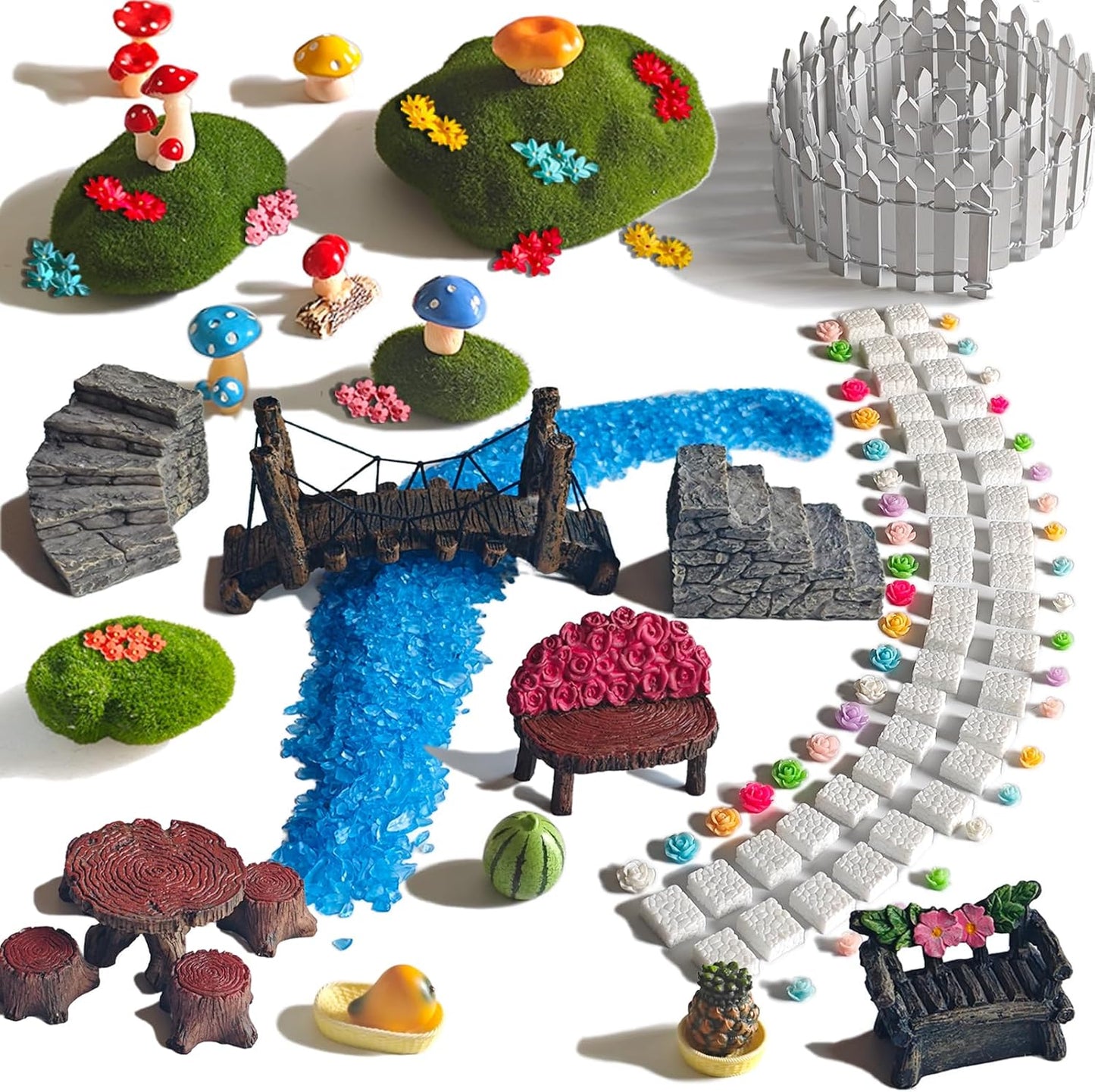 Kai Dream Fairy Garden Accessories, Fairy Garden Kit, 118 Pieces of Miniature Decor: Mushrooms, Bridge, Steps, Moss, Furniture Figurines, Fake Fence, Flowers, and Blue Crystal Gravel
