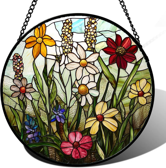 Stained Glass Window Hanging, Colorful Wildflowers Plant Scenery Suncatcher for Doors Window Home White Green Sun Catchers Decor Mother's Day Birthday Gifts for Women, Men Mom 15 in