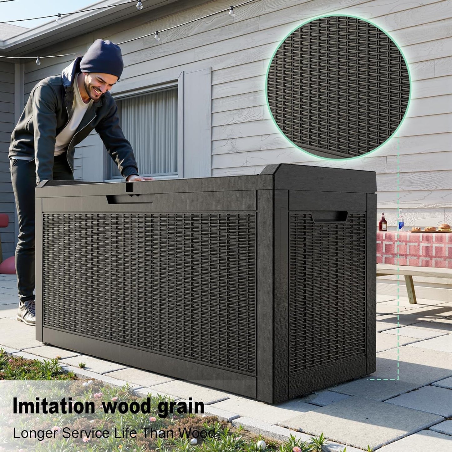 DRATO 60 Gallon Deck Box, Waterproof Resin Large Outdoor Storgae Box for Patio Furniture, Patio Cushions, Gardening Tools, Pool and Sports Supplies, Lockable
