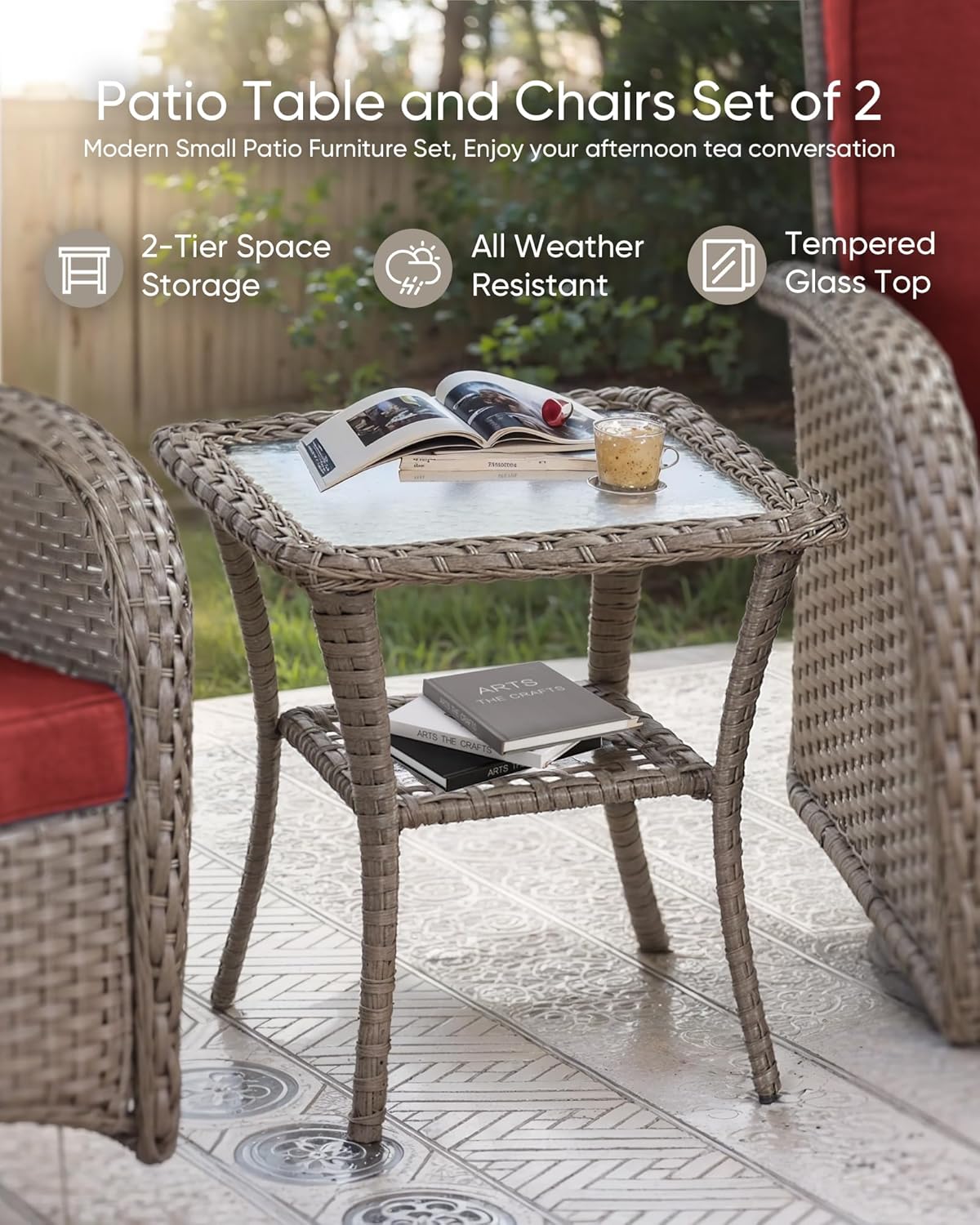HUMMUH Outdoor Bistro Set-High Back Outdoor Rocking Chair with Side Table Patio Table and Chairs Set for Deck Lawn Porch Balcony Poolside-Grey/Red