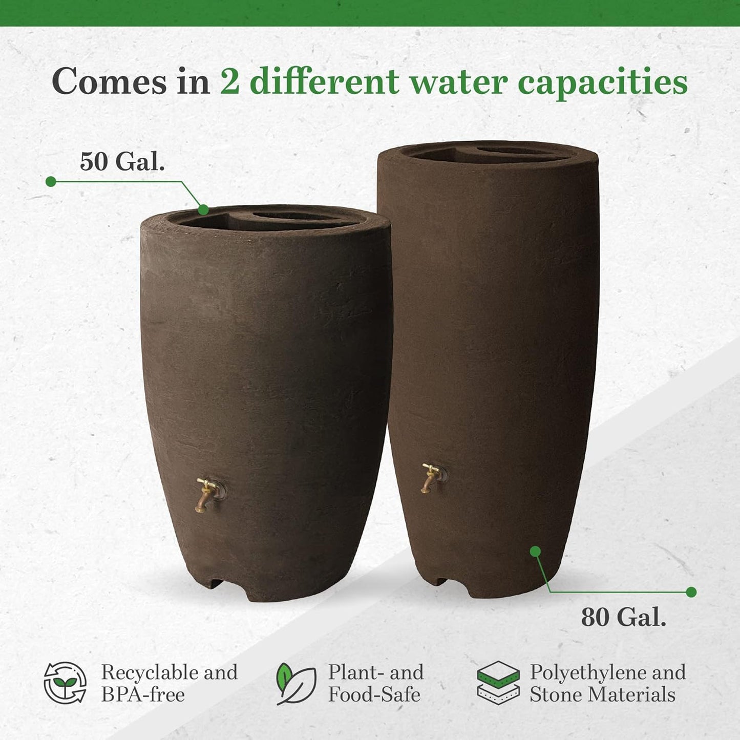 Algreen Plastic Rain Barrel, 50 Gallon Drum - Rainwater Tank w/Brass Spigot & Screen Guard for Rain Water Collection & Storage - Athena, Brownstone