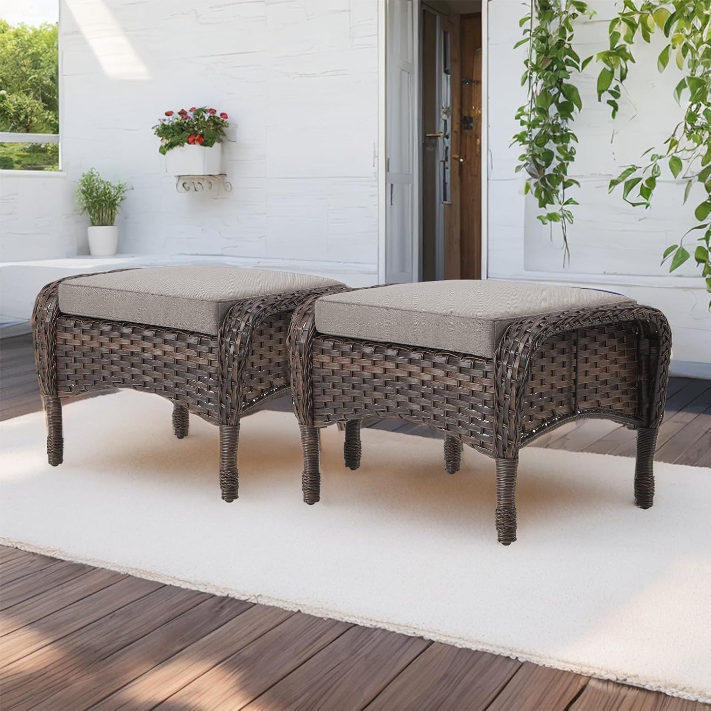 HUMMUH 5 Pieces Patio Furniture Set Wicker Outdoor Bistro Chairs with Ottomans Glass Top Side Table,Outdoor Conversation Set for Porch Deck Backyard Poolside