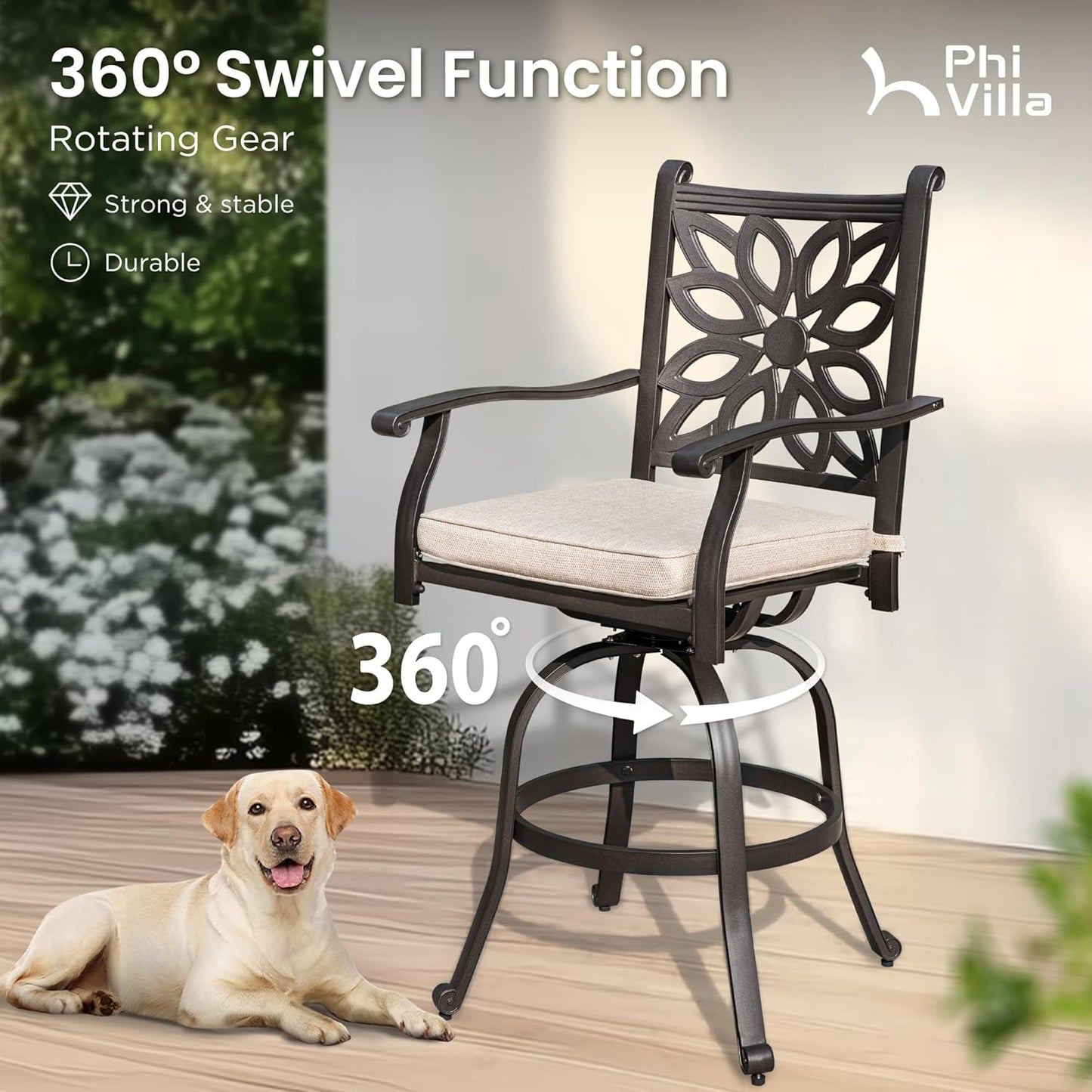PHI VILLA Cast Aluminum Patio Bar Set with 2 Outdoor Swivel Bar Stools & 42" Pub Bar Height Table (1.96" Umbrella Hole), All Weather Furniture Bistro Table Chairs Set for Lawn, Garden