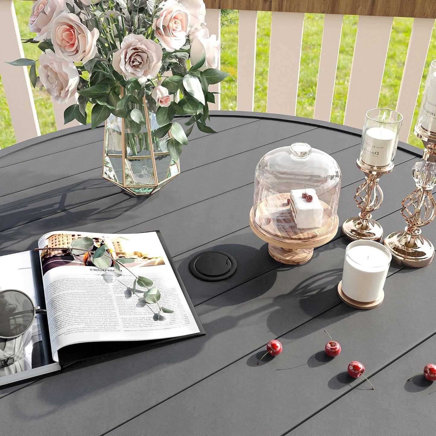 VICLLAX 5 Pieces Patio Dining Set, Outdoor Furniture Set Includes 41.2" Round Patio Table and 4 Patio Sling Chairs, Grey Tabletop and Dark Grey Fabric