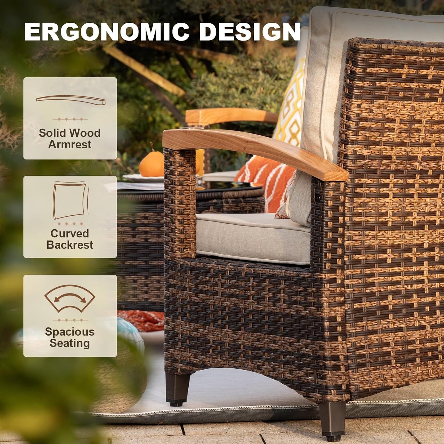 8 Piece Outdoor Patio Furniture Set, Half-Moon Curved Sectional Set with Wood Armrests, Patio Conversation Set, 2 Half-Moon Ottomans, Round Table & Side Table (Brown)