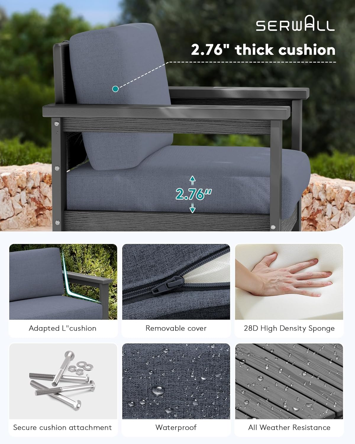 SERWALL 6 Pieces HDPE Outdoor Conversation Sofa Set with Cushions, All Weather Couch Loveseat Furniture with Coffee Table and Cushion, Outdoor Social Sofa Set, Grey Frame with Grey Cushions