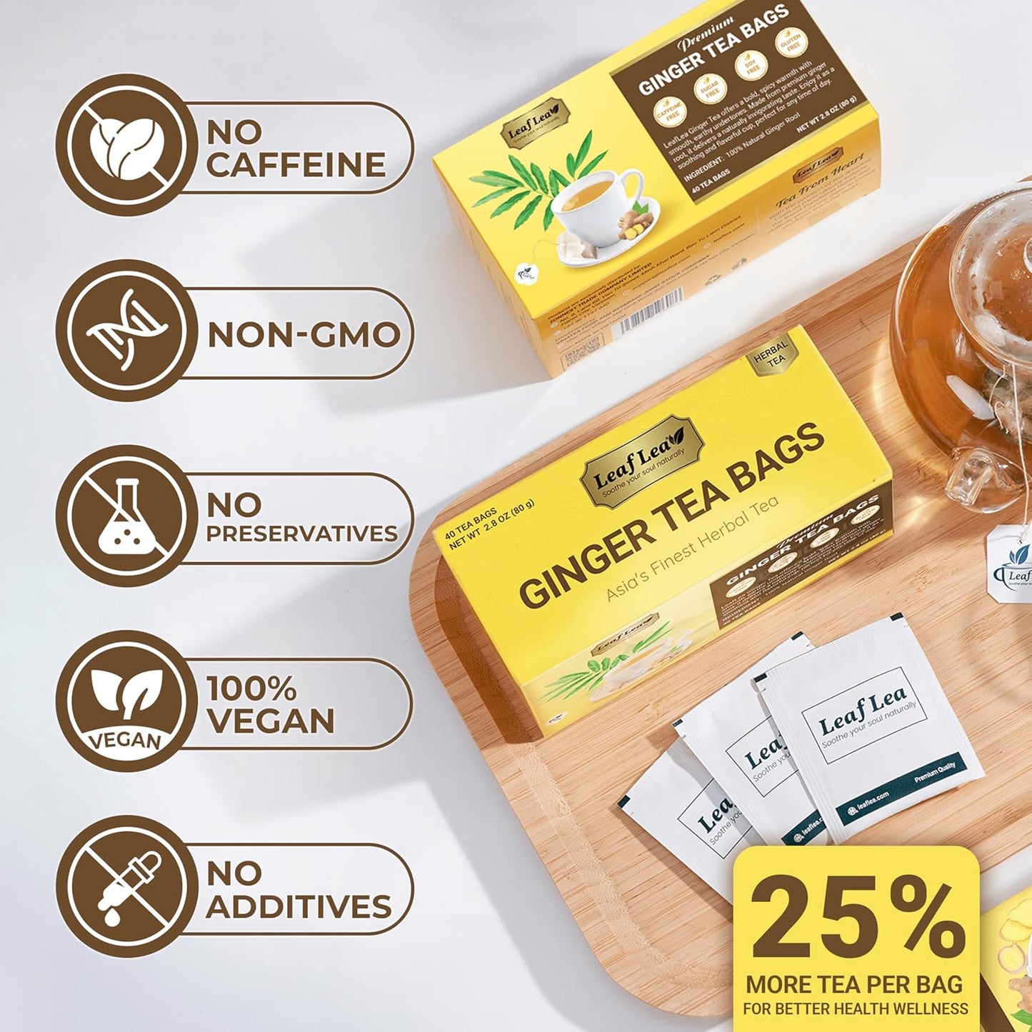 LeafLea 40 Ginger Tea Bags, 100% Pure & Natural from Dried Ginger Root Tea, Spicy & Comforting Herbal Tea Supports Digestion, Caffeine Free, Sugar Free, No Gluten, Non-GMO, Vegan