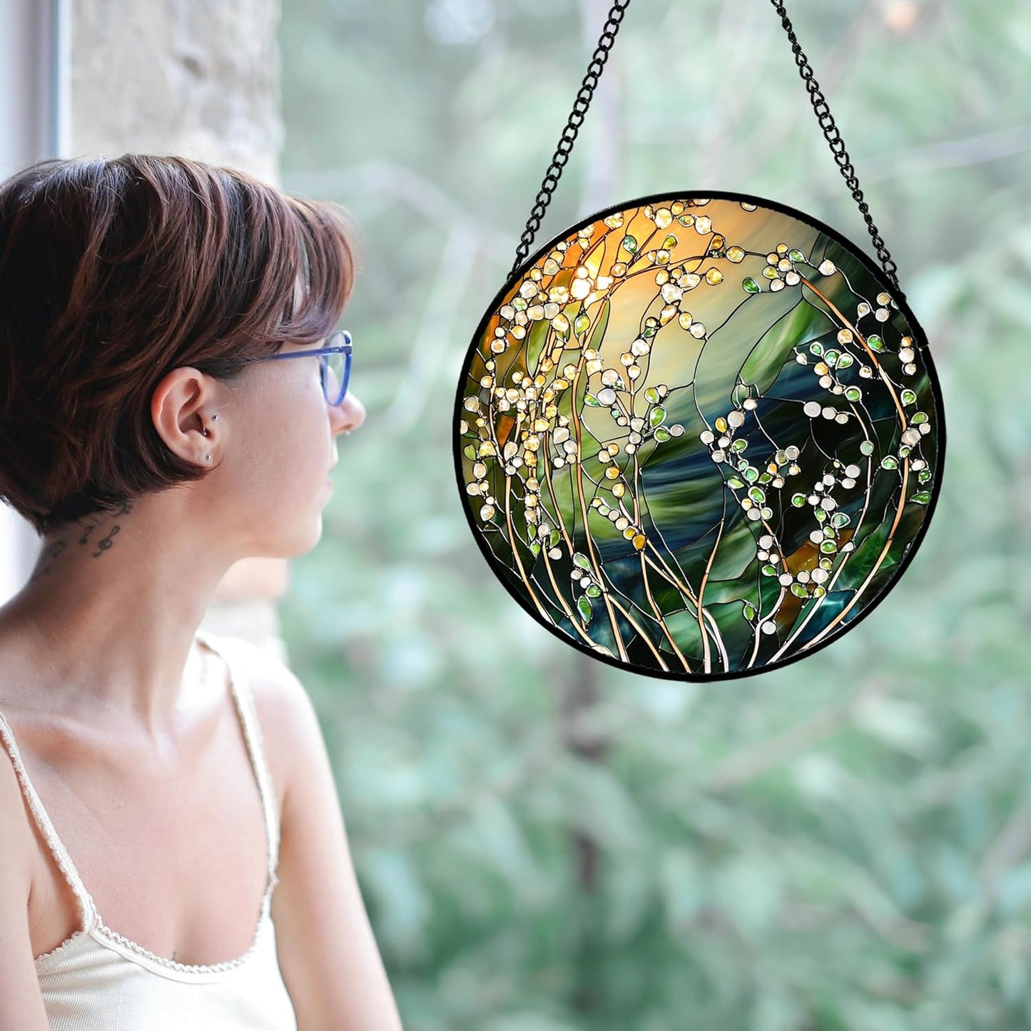 Stained Glass Suncatcher, Yellow Green Gradient Flower Sun Catcher Plants Stain Glass Window Hanging Decoration Mother's Day Birthday Gifts for Women Men Mom and Nana 7.8 in