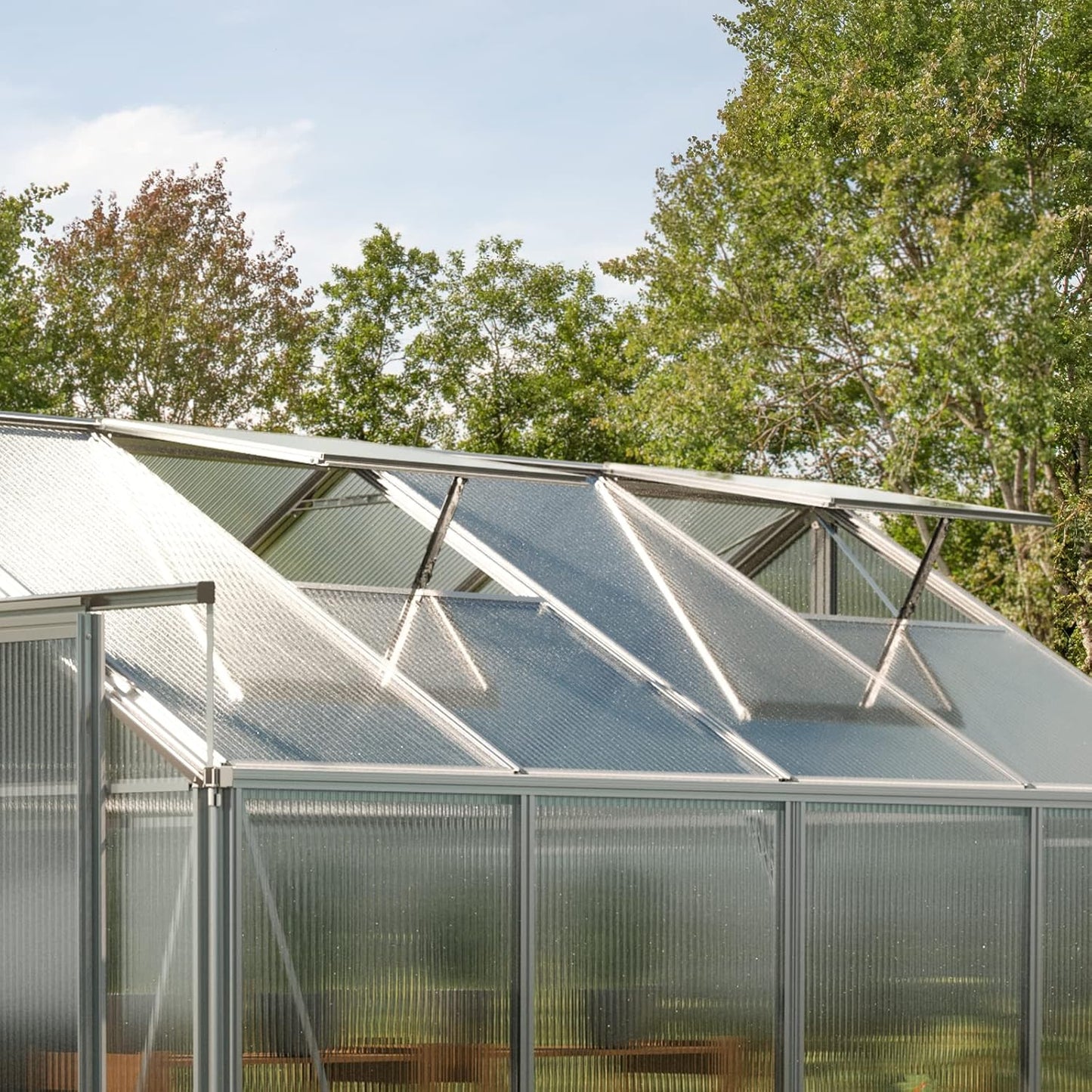 Greenhouse Saphir 6 Aluminum Frame 8.5 x 12.6 ft Approx. 8 mm Polycarbonate Panels - with Bonus Base Frame and Automatic Vent Opener