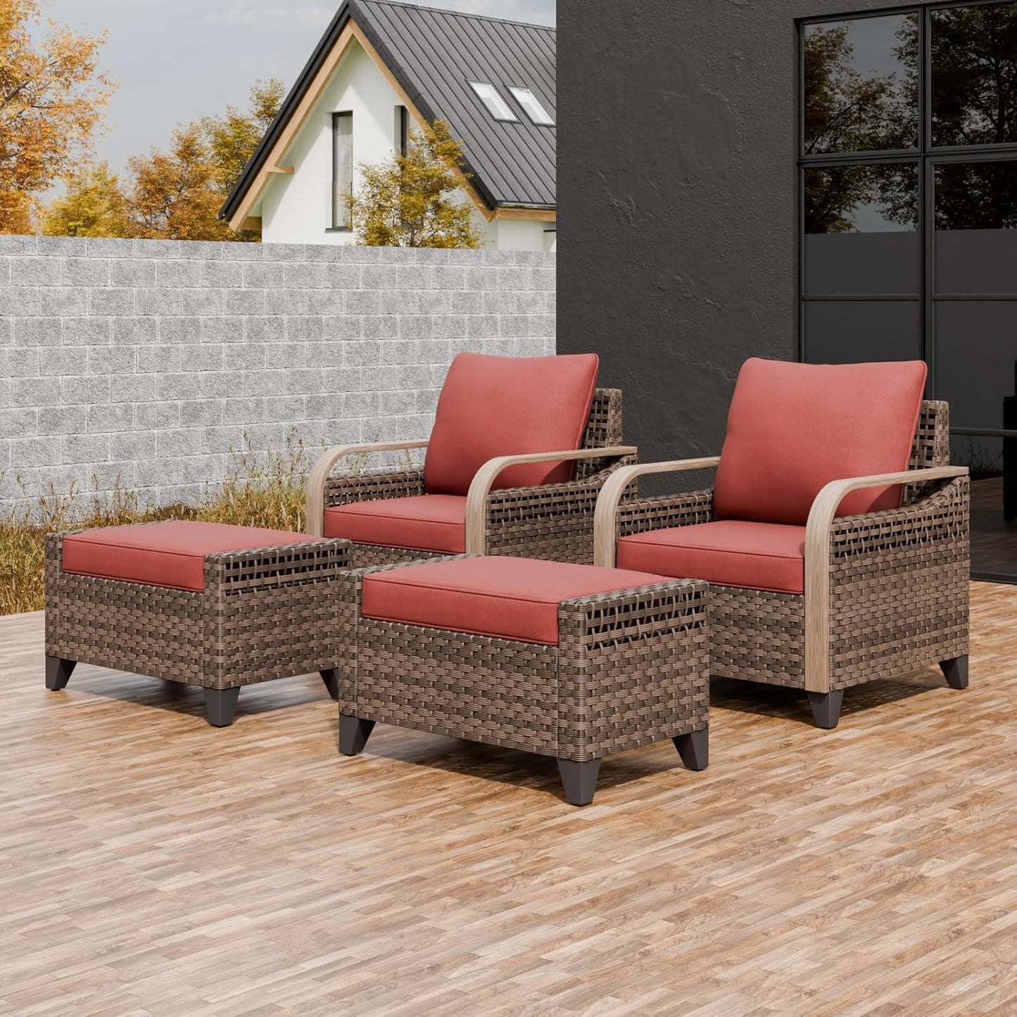 EAGLE PEAK Modern Wicker Outdoor Chair, Patio Chair Curved Armrest, Rattan Patio Furniture for Yard Deck Porch Garden, 2 Chairs 2 Ottomans, 4 Pieces, Brown/Red