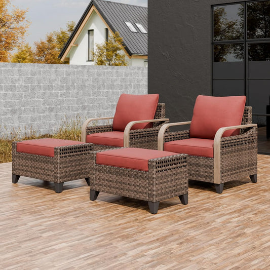 EAGLE PEAK Modern Wicker Outdoor Chair, Patio Chair Curved Armrest, Rattan Patio Furniture for Yard Deck Porch Garden, 2 Chairs 2 Ottomans, 4 Pieces, Brown/Red