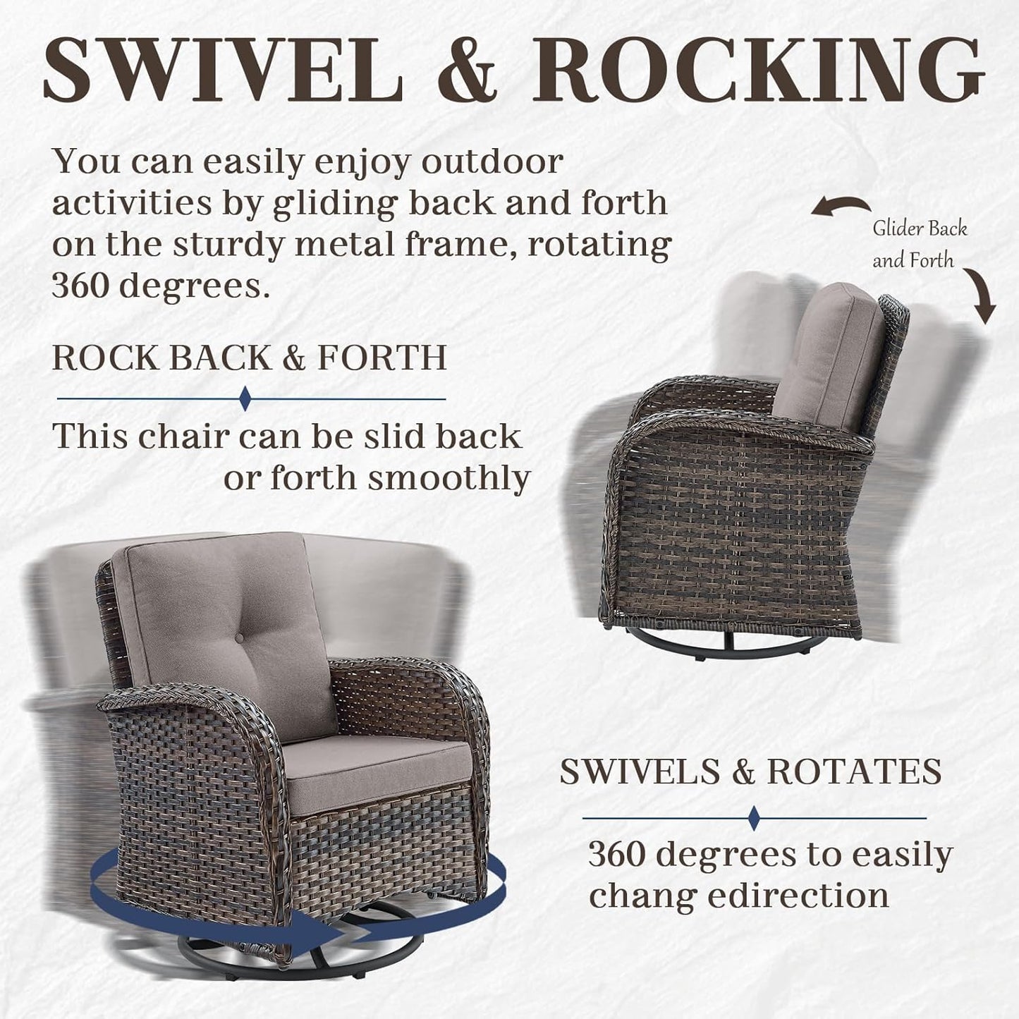 HUMMUH 7 Piece Patio Furniture Set with Fire Pit Table,Wicker Patio Swivel Rocker Outdoor Chairs 3-Seat Sofa for Porch,Poolside,Deck