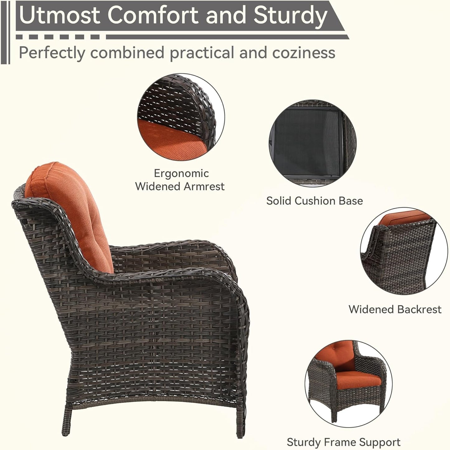 Patio Wicker Chairs Set of 2, Patio Rattan Dining Chairs with 3.5-inch Seat Cushions, High Back and Curved Armrest for Garden, Backyard, Balcony and Deck, Orange