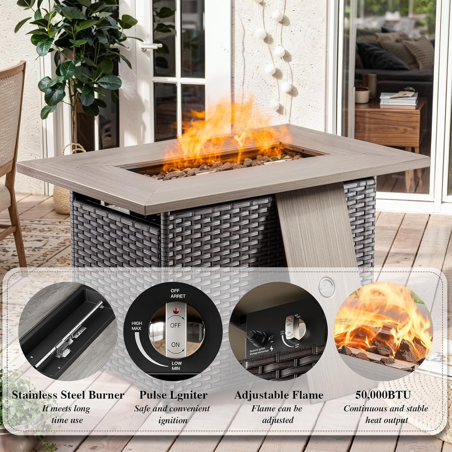 HUMMUH 6 Pieces Patio Furniture Set with Fire Pit,Outdoor Modular Sectional Loveseat Chairs with Table,All Weather PE Wicker Patio Conversation Sets for Deck Porch Backyard