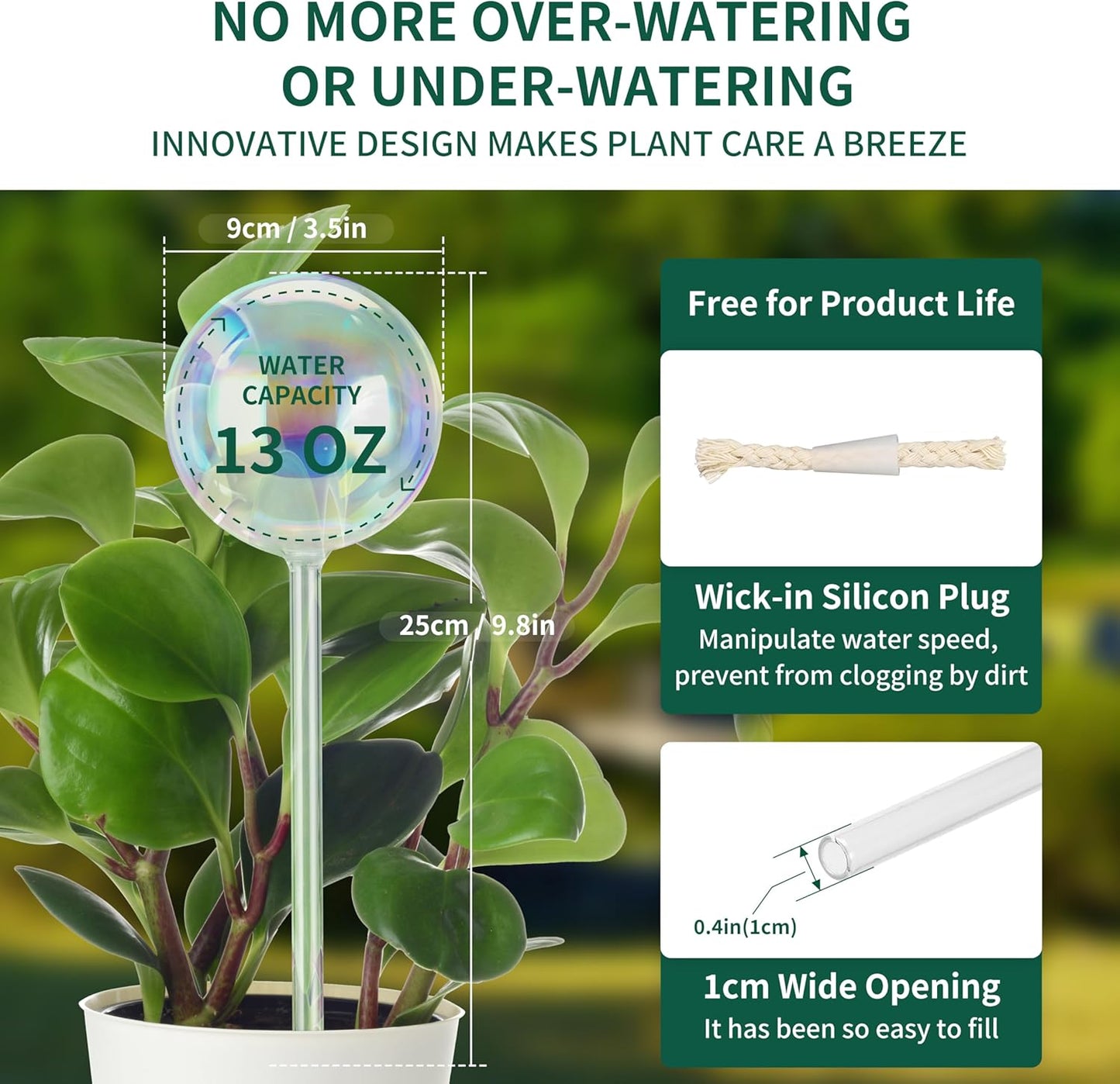 13 oz Up 2 Weeks Extra Large Plant Watering Globes, Iridescent Rainbow Glass Water Bulbs, Self Watering Planter Insert, Vacation Plant Watering Devices System, Automatic Plant Waterer, 2 Pack