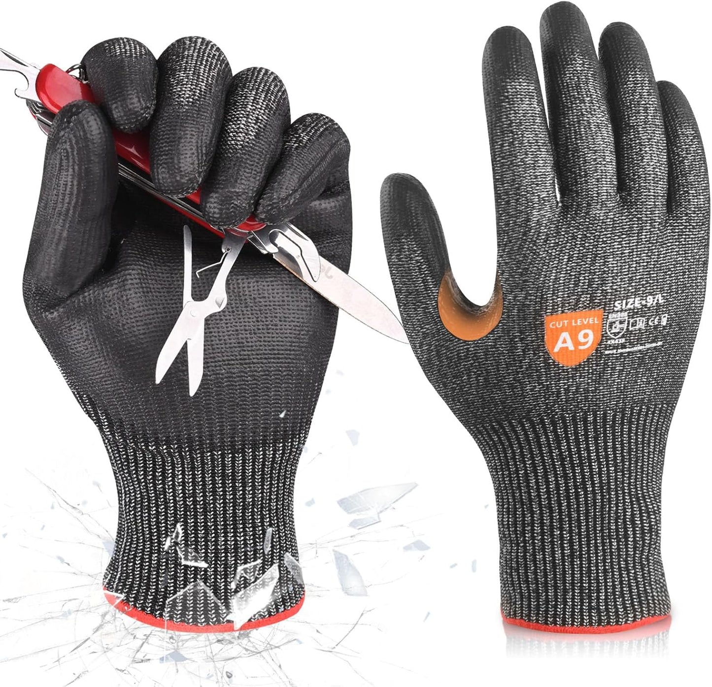 Donfri 3 Pairs A9 Cut Resistant Work Gloves for Men - Steel + HPPE Hybrid Safety Gloves for Men, ANSI Cut Level 9 Protection Flexible for Metal Glass Wood Construction Fishing