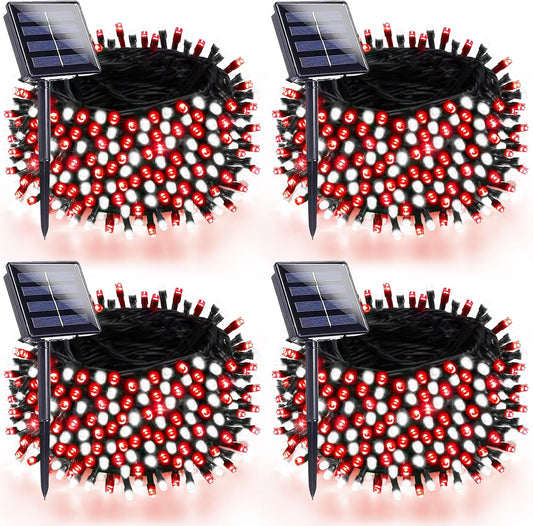 4 Pack 180FT Solar Christmas Lights Outdoor Waterproof, Super Bright 320 LED Solar String Lights with 8 Lighting Modes, Green Wire Twinkle Tree Light for Outside Xmas Party Decorations (Red and White)