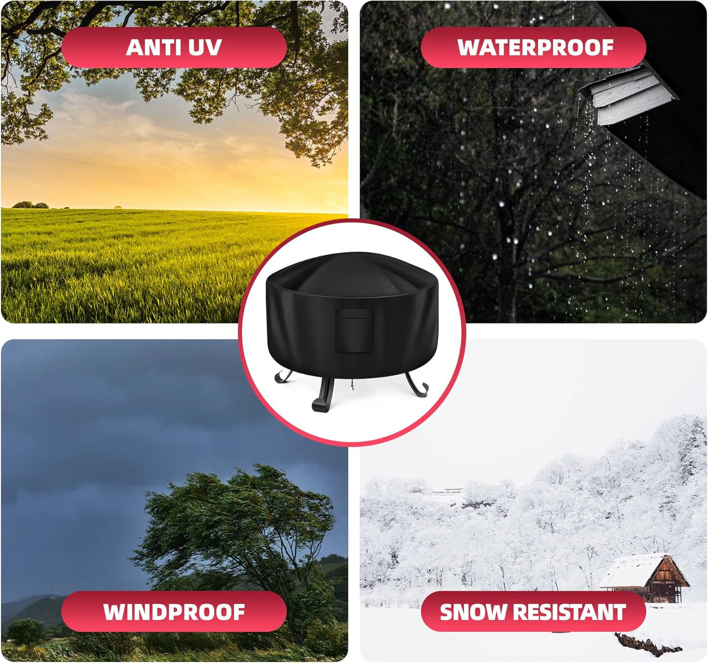 WLEAFJ Fire Pit Cover - Round, 22-34 Inch, Heavy Duty Oxford Fabric, Waterproof